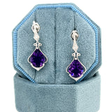 14K White Gold Pear Amethyst and Round Diamond Filigree Dangle Earrings
