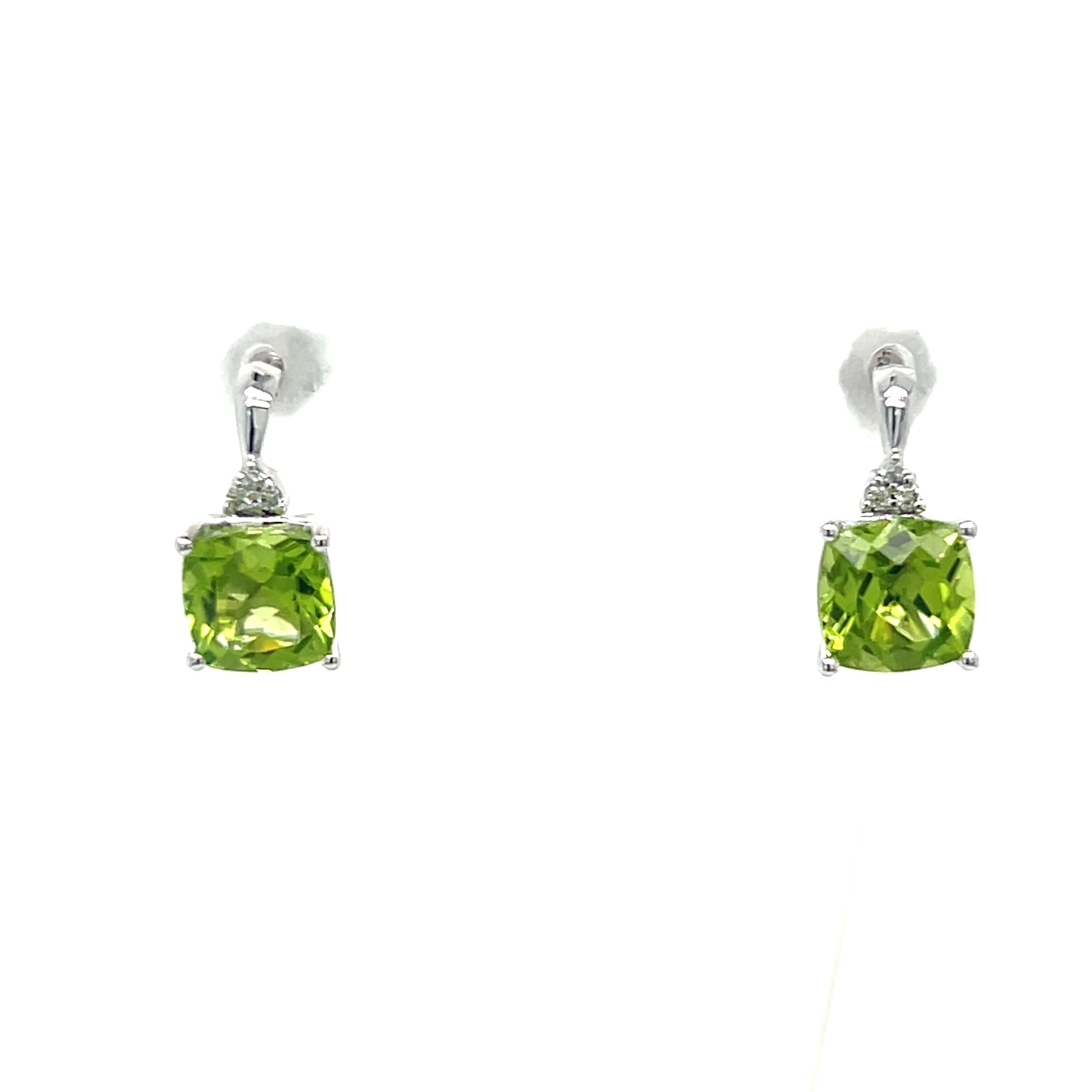 14K White Gold Cushion Cut Peridot and Round Diamond Earrings