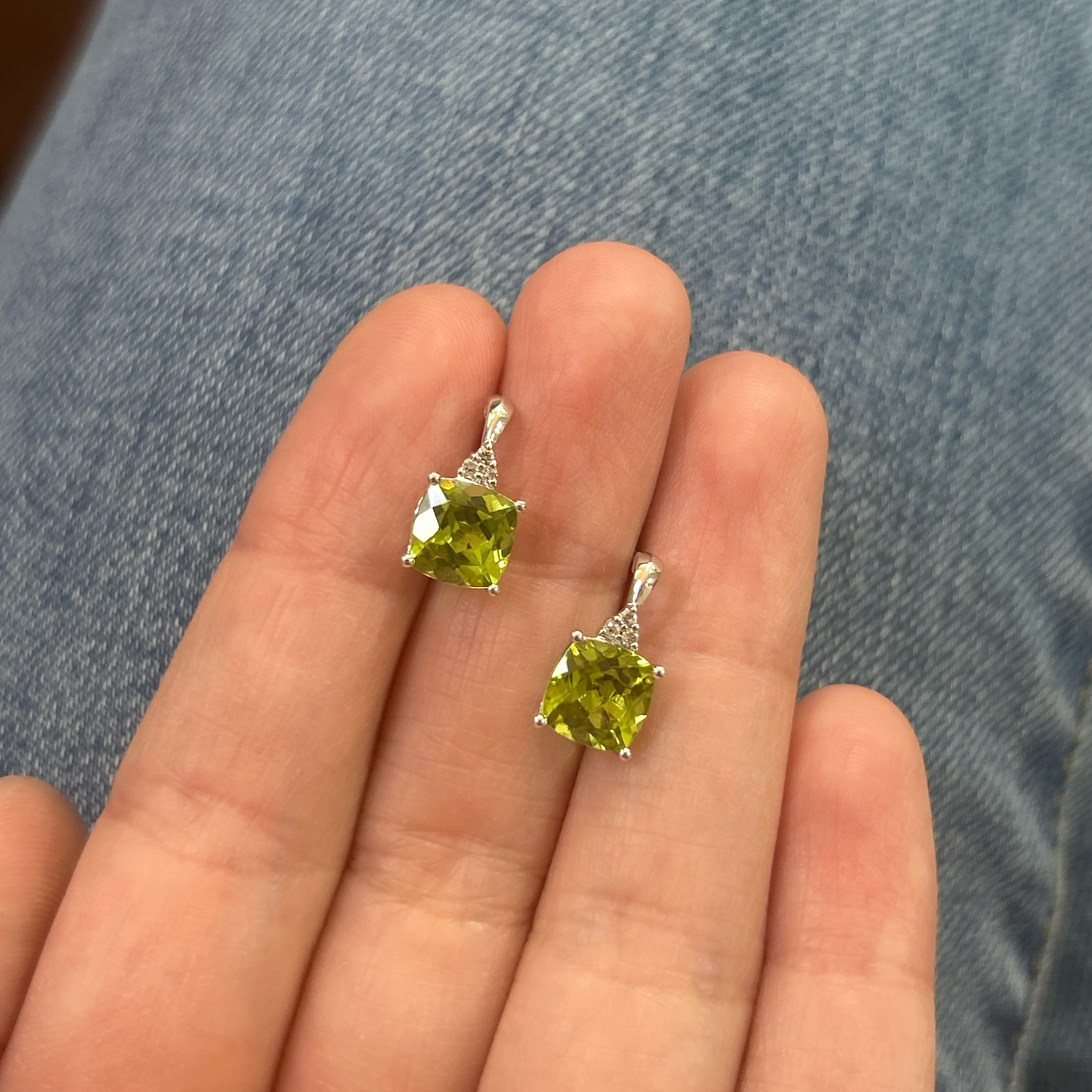 14K White Gold Cushion Cut Peridot and Round Diamond Earrings