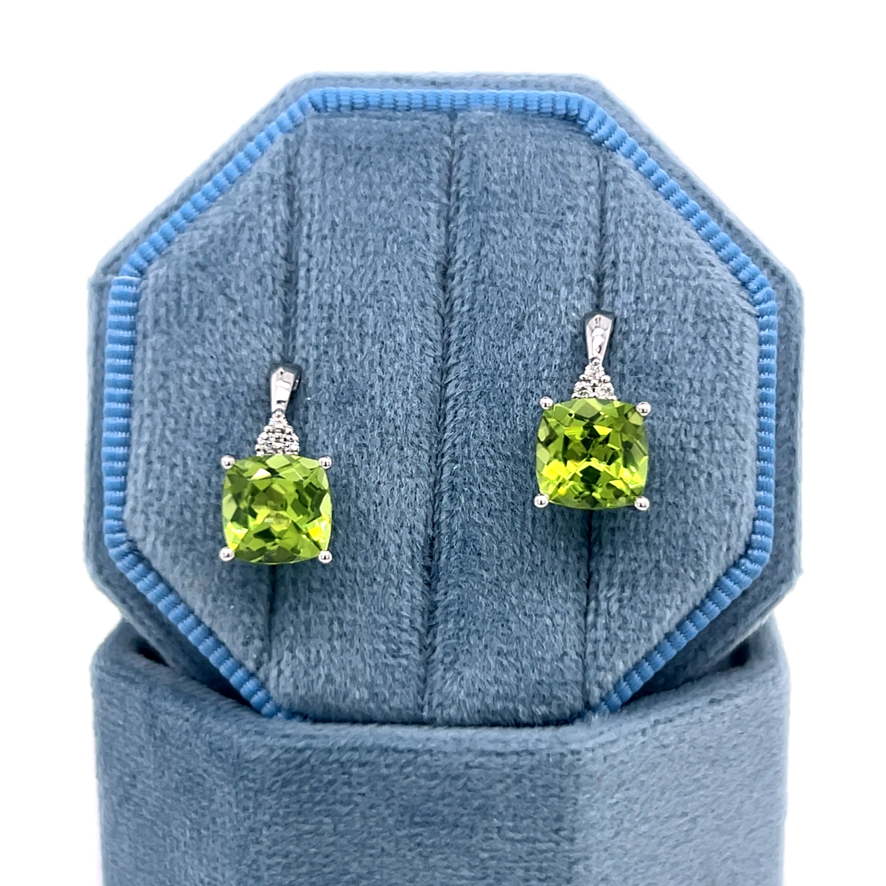 14K White Gold Cushion Cut Peridot and Round Diamond Earrings