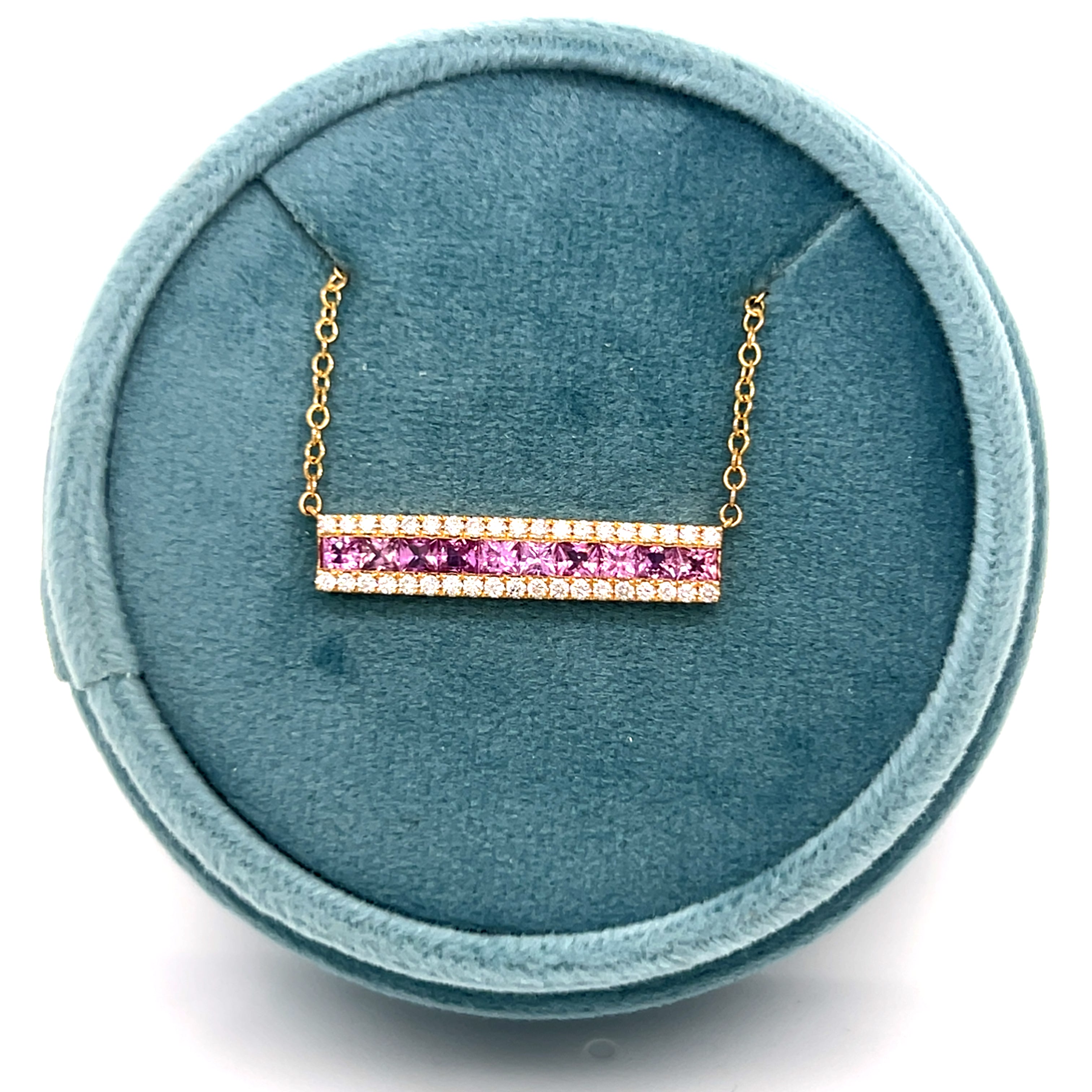 14K Yellow Gold Princess Cut Pink Sapphire and Round Diamond Bar Necklace- Adjustable