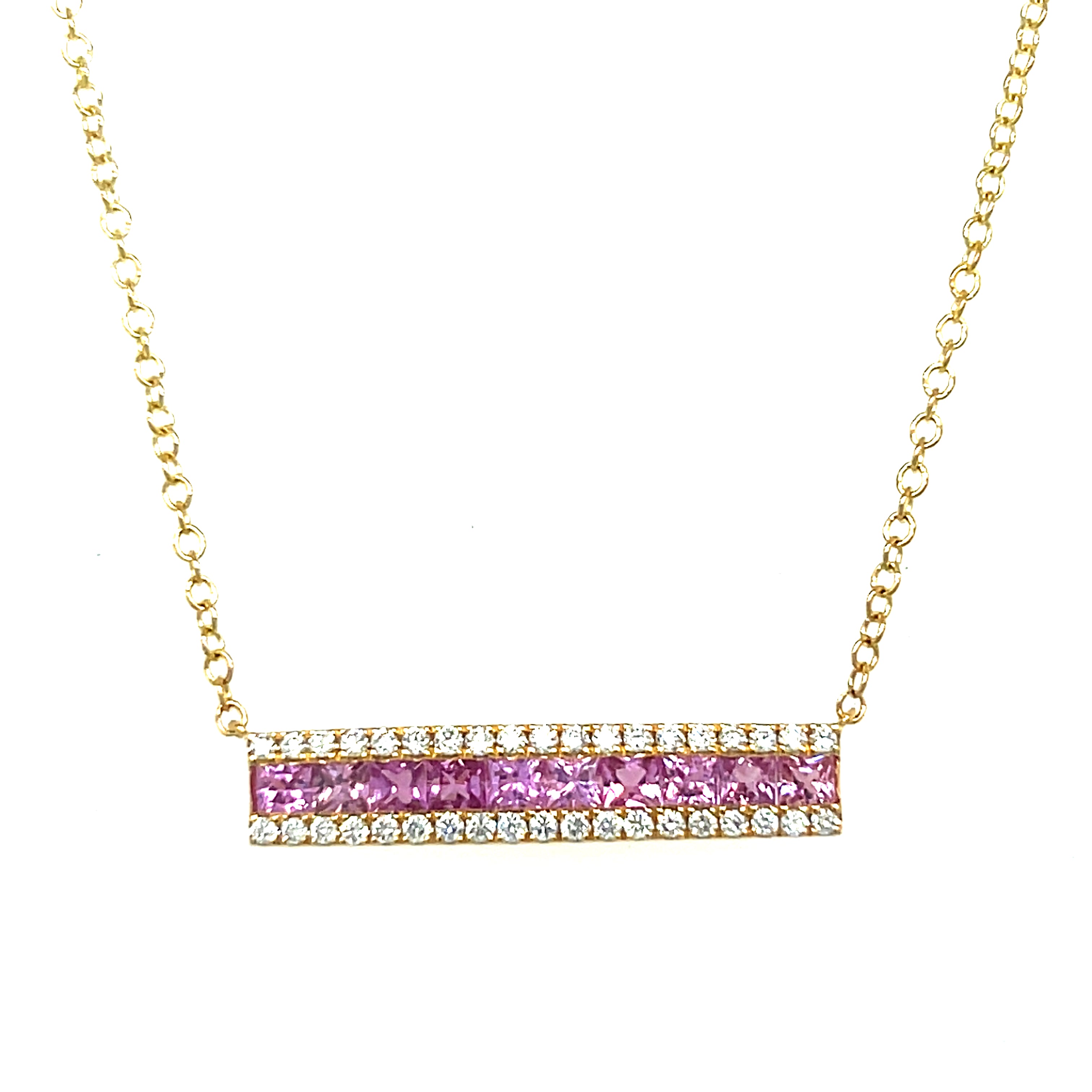 14K Yellow Gold Princess Cut Pink Sapphire and Round Diamond Bar Necklace- Adjustable