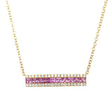 14K Yellow Gold Princess Cut Pink Sapphire and Round Diamond Bar Necklace- Adjustable