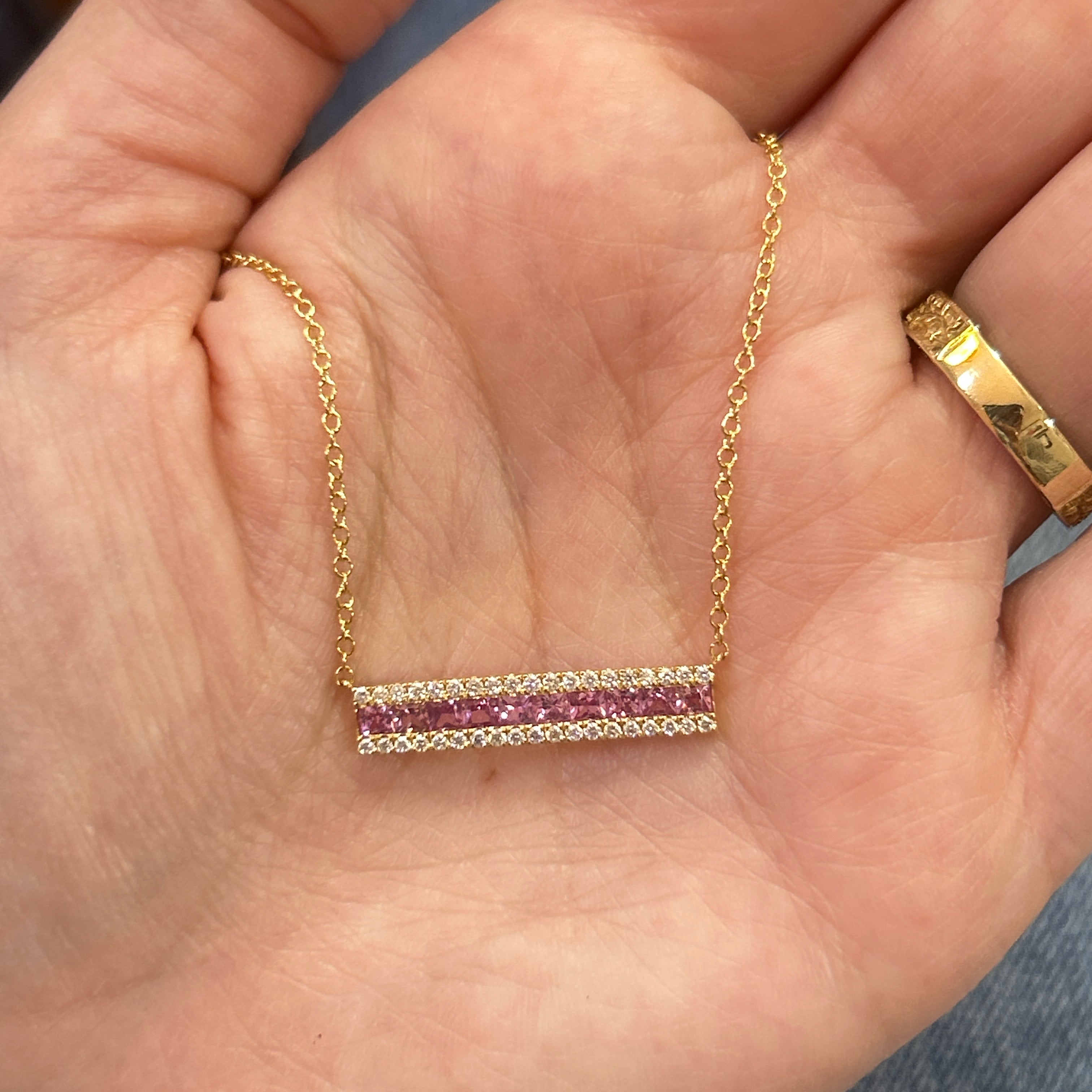 14K Yellow Gold Princess Cut Pink Sapphire and Round Diamond Bar Necklace- Adjustable