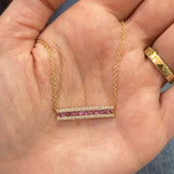 14K Yellow Gold Princess Cut Pink Sapphire and Round Diamond Bar Necklace- Adjustable