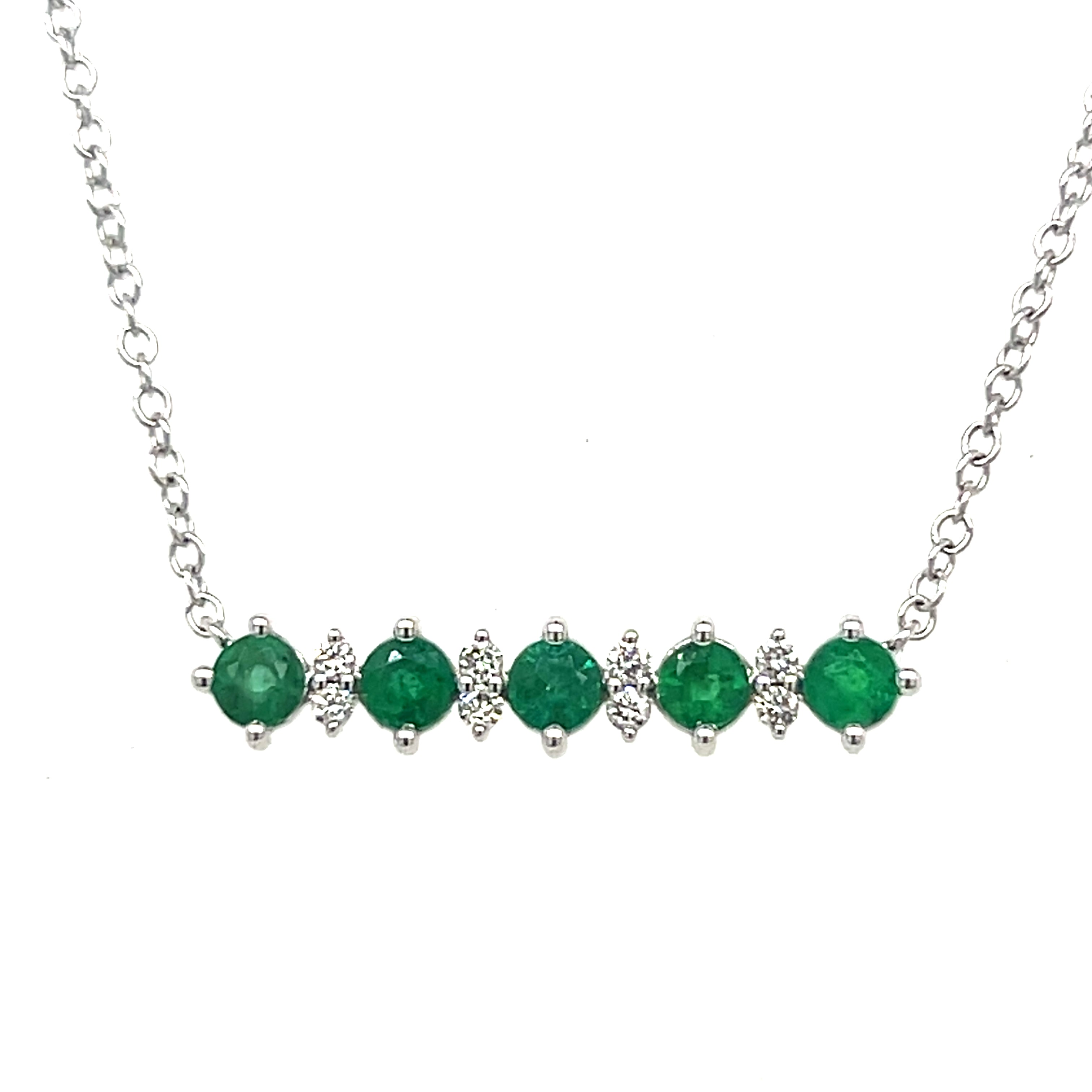 14K White Gold Emerald and Diamond Bar Necklace