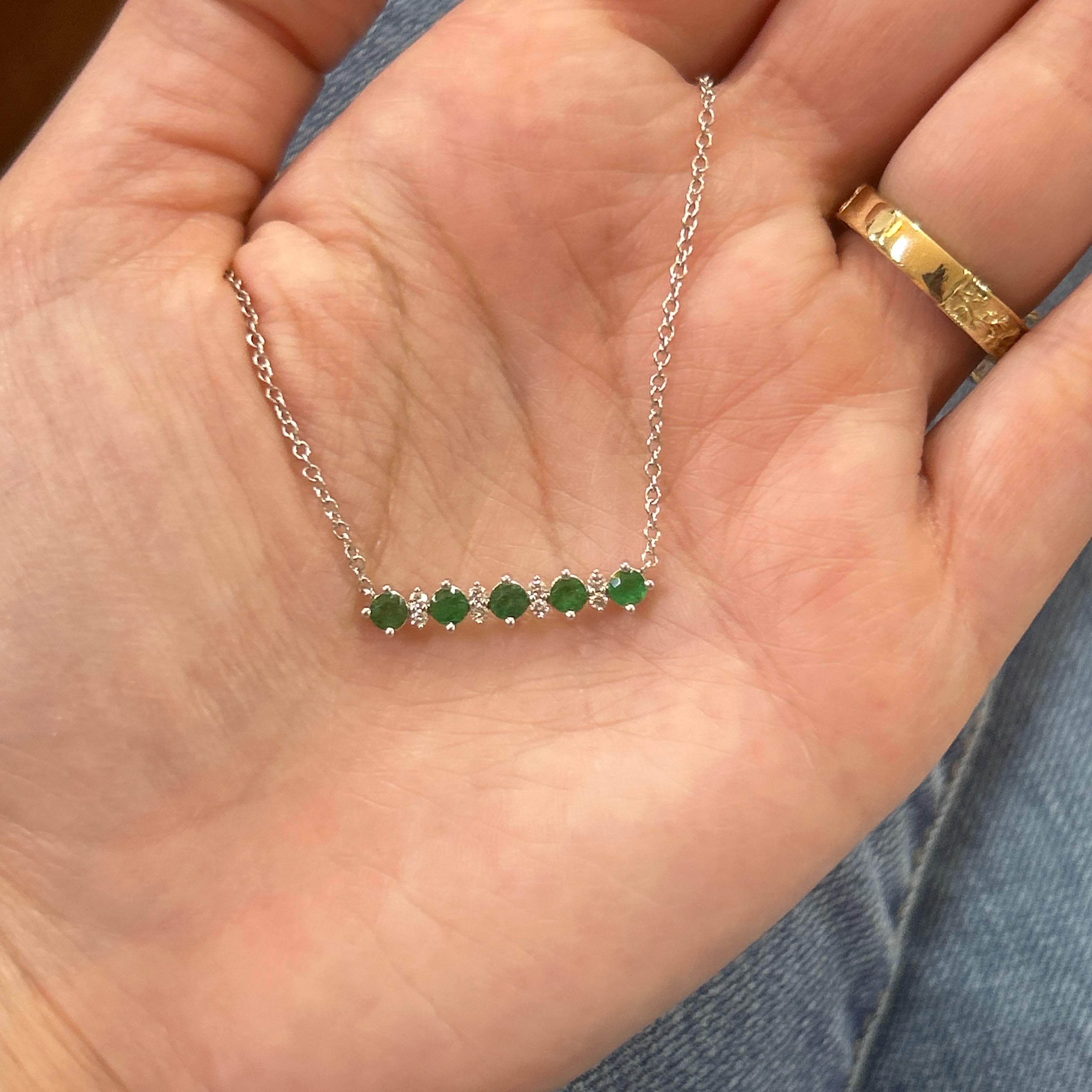 14K White Gold Emerald and Diamond Bar Necklace