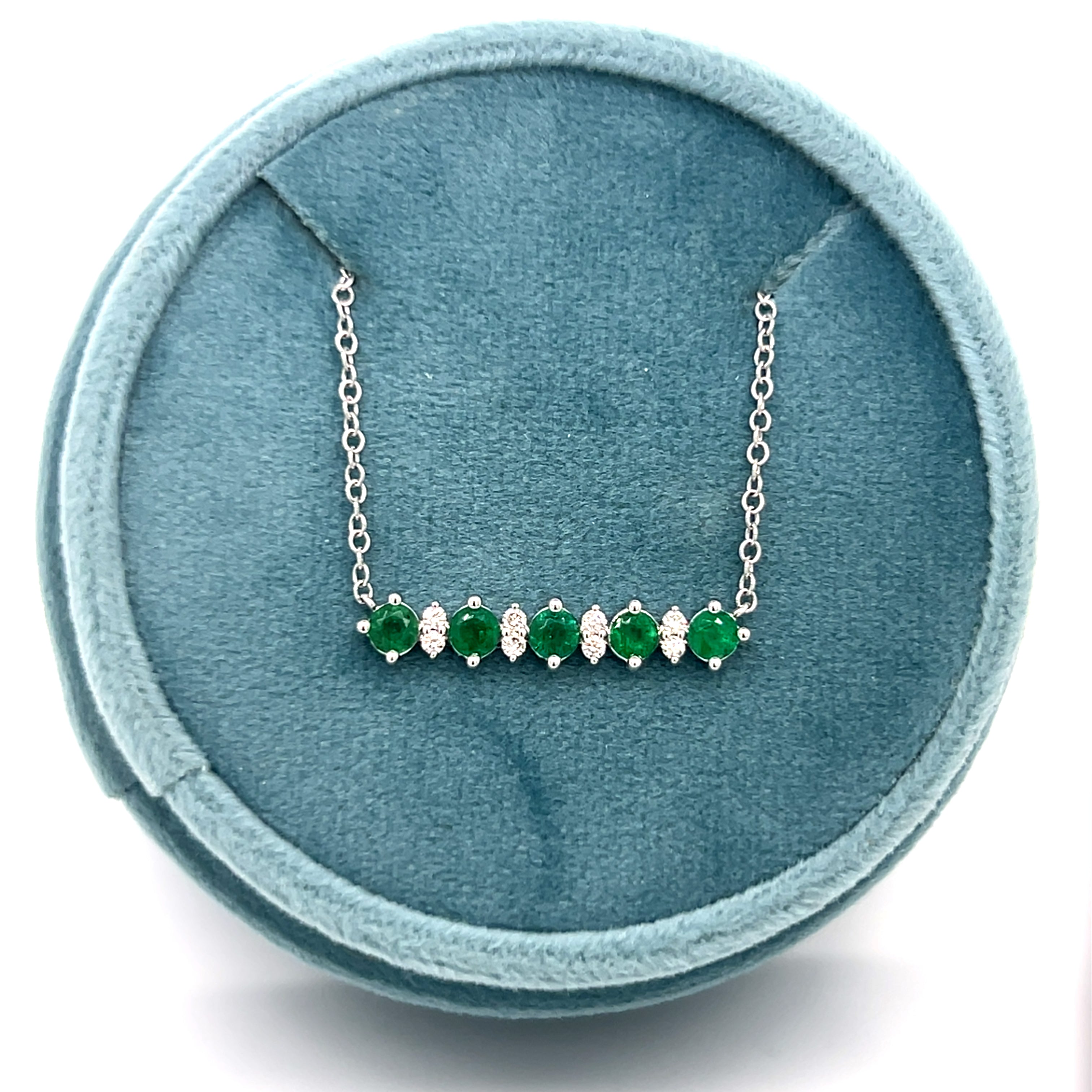 14K White Gold Emerald and Diamond Bar Necklace