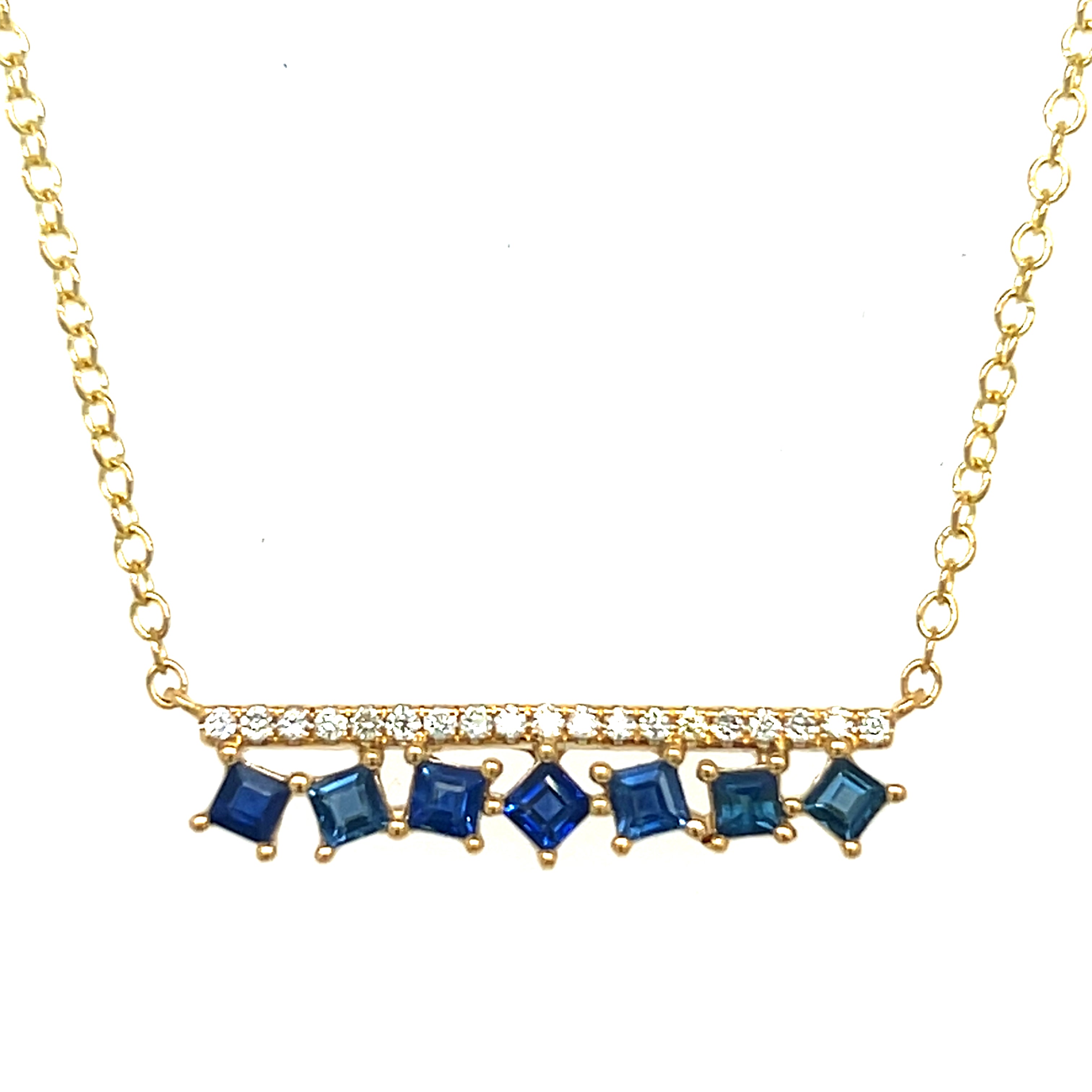 14K Yellow Gold Princess Cut Sapphire & Round Diamond Bar Necklace - Adjustable