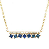 14K Yellow Gold Princess Cut Sapphire & Round Diamond Bar Necklace - Adjustable