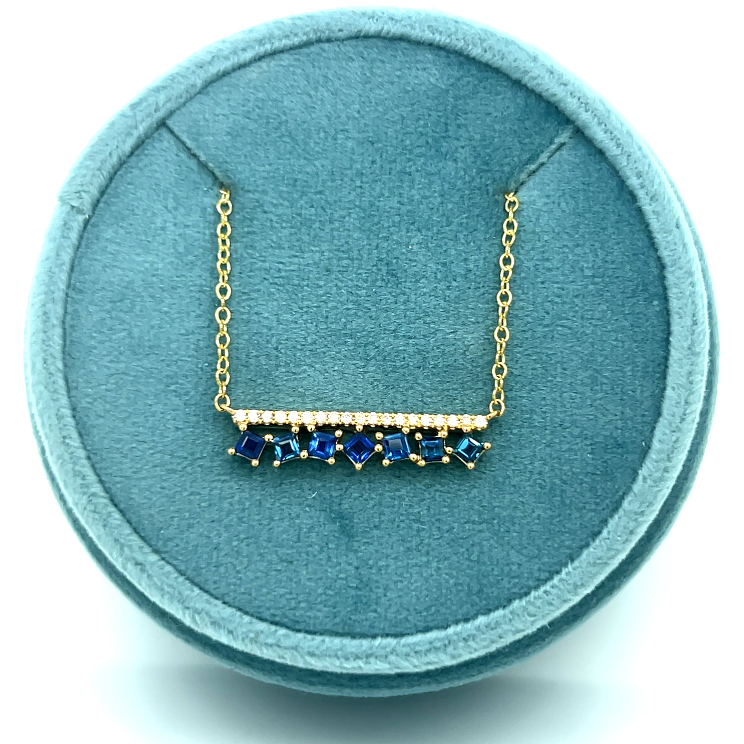 14K Yellow Gold Princess Cut Sapphire & Round Diamond Bar Necklace - Adjustable