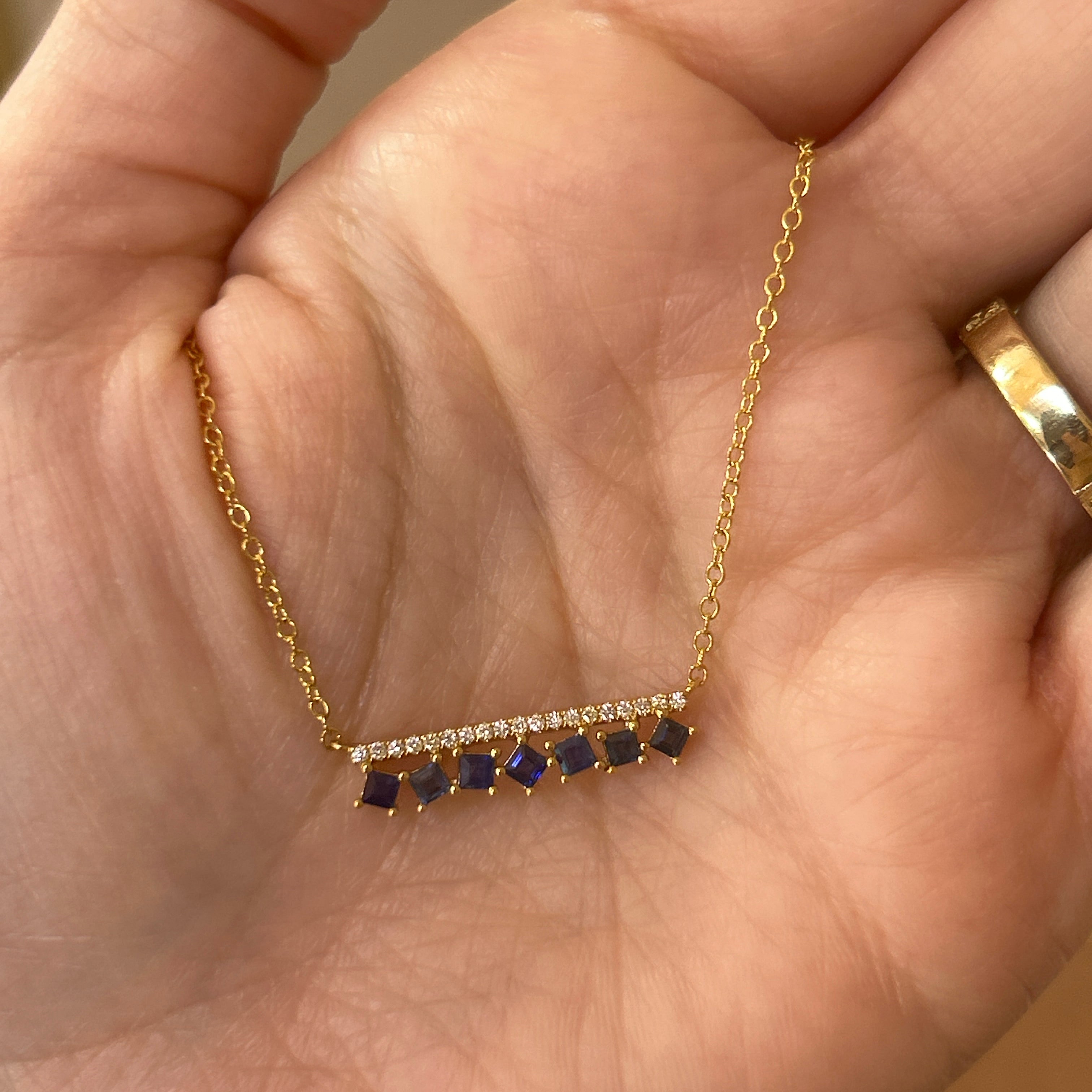 14K Yellow Gold Princess Cut Sapphire & Round Diamond Bar Necklace - Adjustable