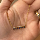 14K Yellow Gold Princess Cut Sapphire & Round Diamond Bar Necklace - Adjustable