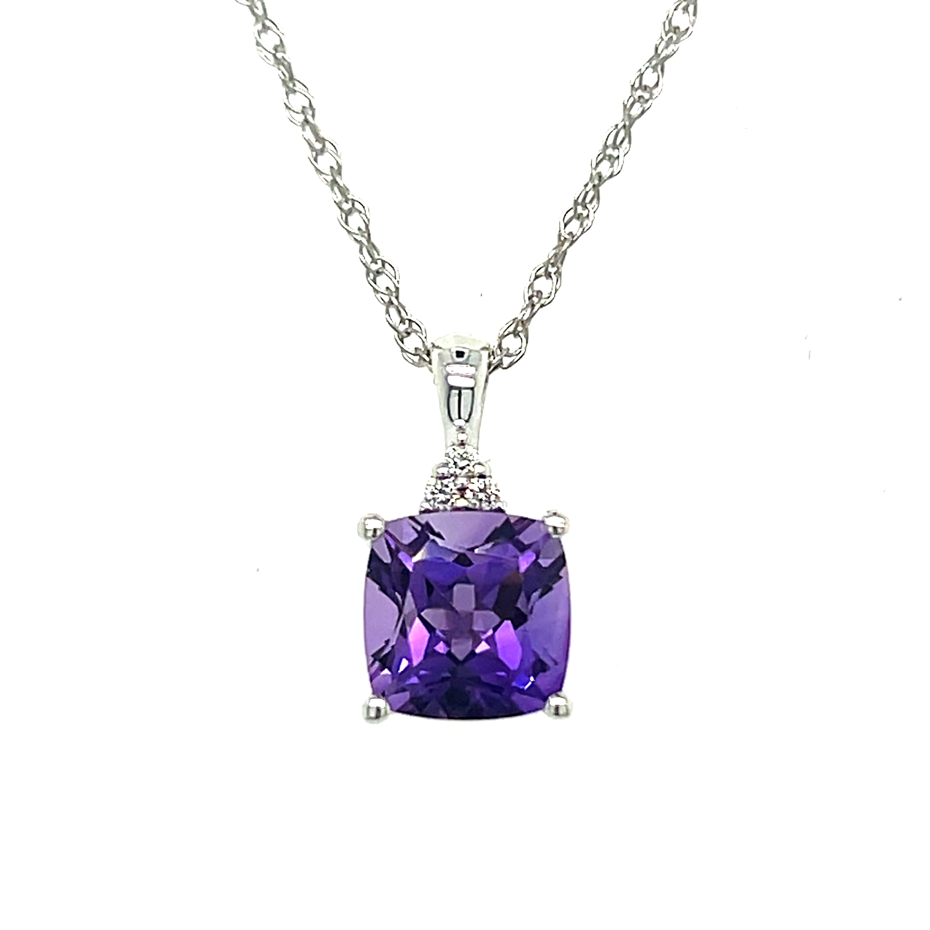 14K White Gold 1.53CT (1) Cushion Amethyst and 0.03CTW (3) Round Diamond Penndant