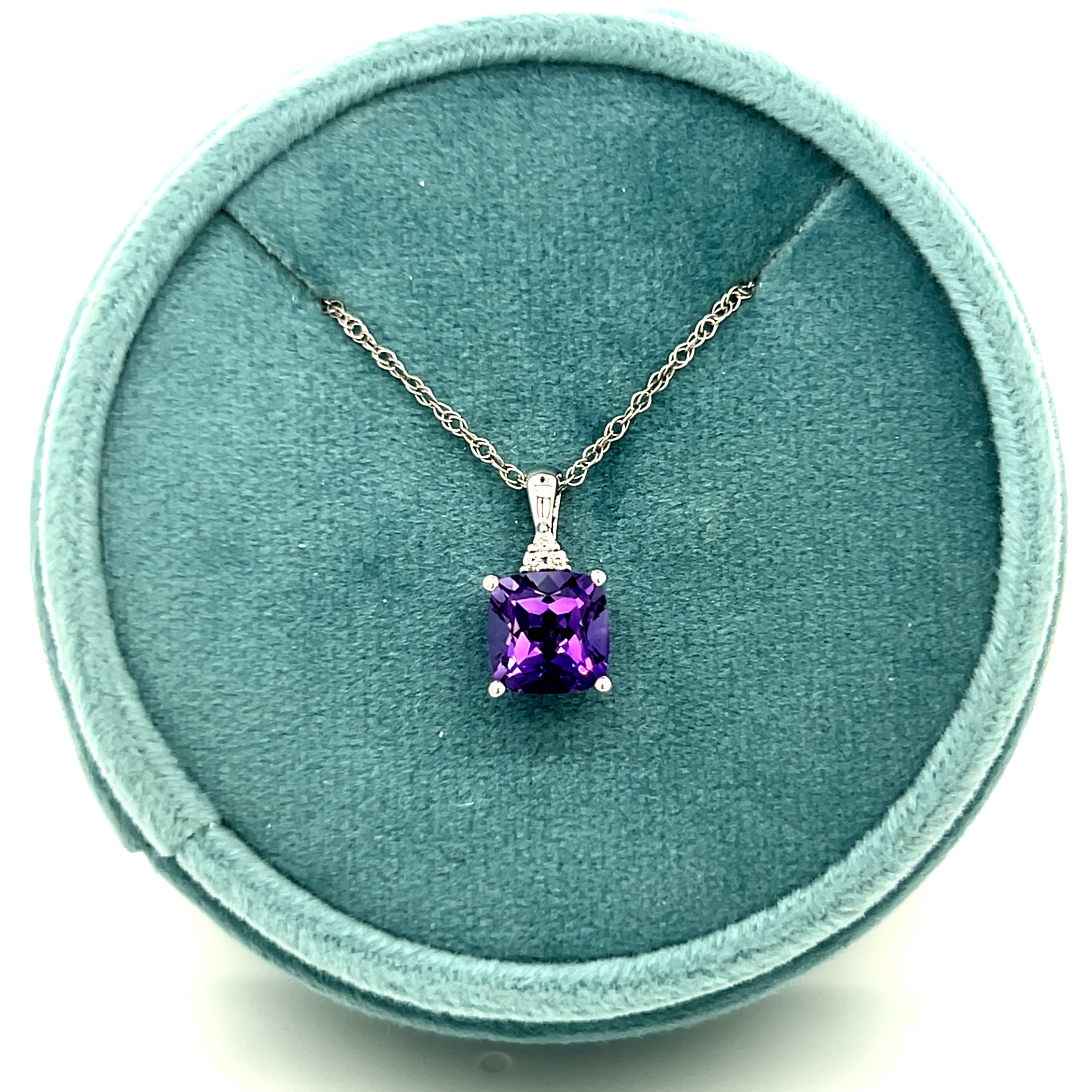 14K White Gold 1.53CT (1) Cushion Amethyst and 0.03CTW (3) Round Diamond Penndant