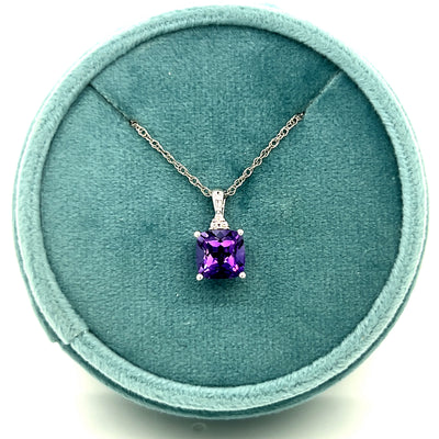 14K White Gold 1.53CT (1) Cushion Amethyst and 0.03CTW (3) Round Diamond Penndant