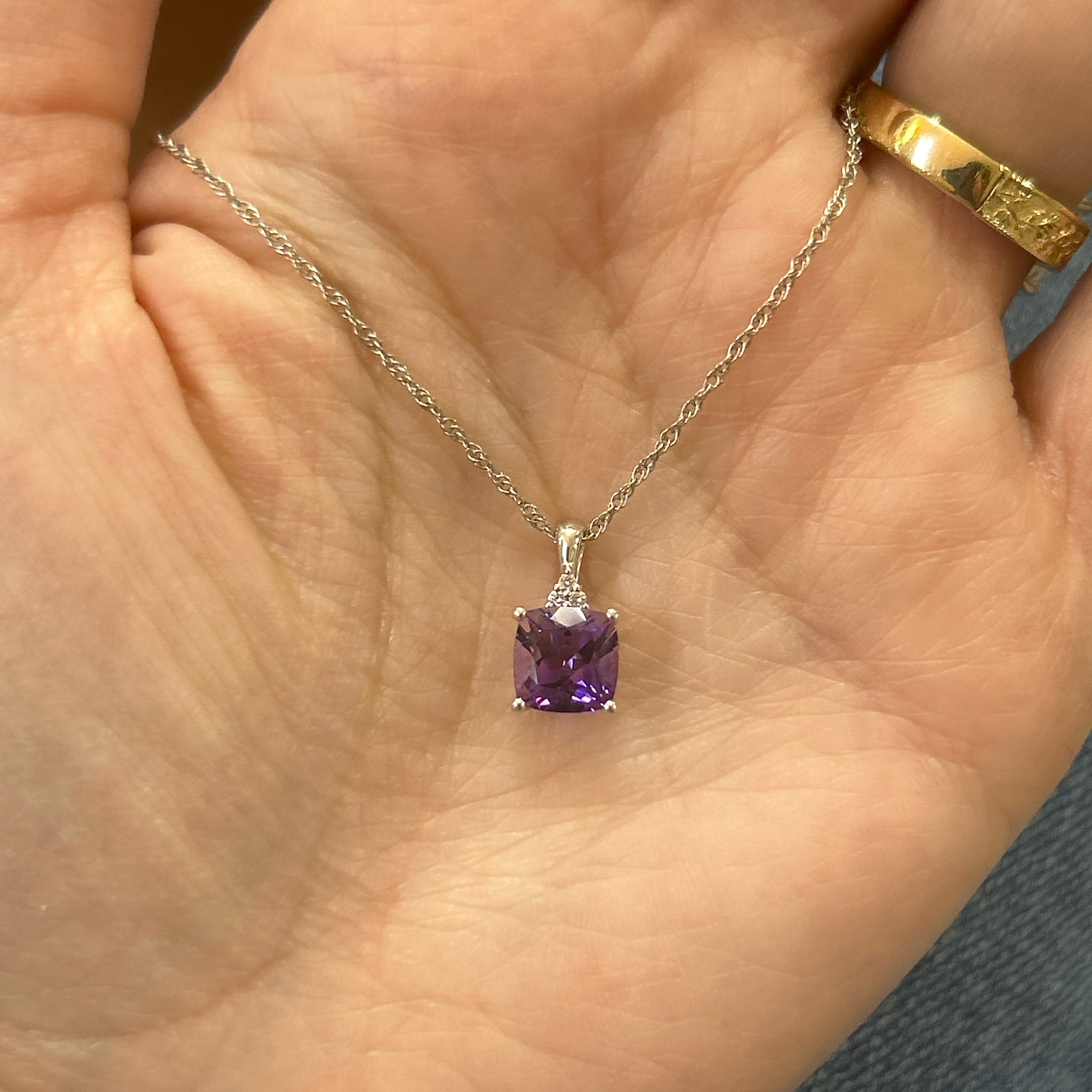 14K White Gold 1.53CT (1) Cushion Amethyst and 0.03CTW (3) Round Diamond Penndant