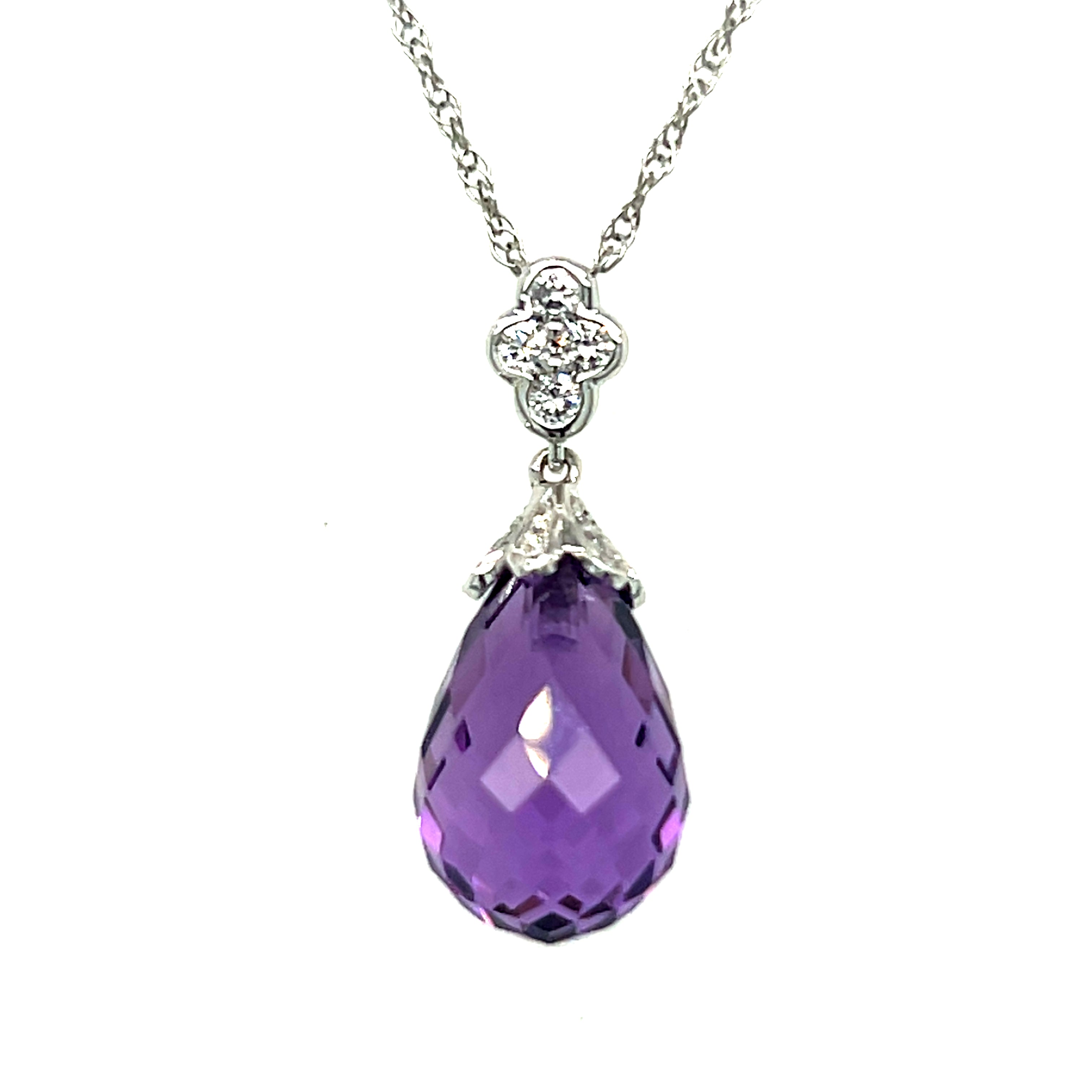 14K White Gold  6.91CT (1) Briolette Amethyst & 0.13 Carat Total Weight (13) Round Diamond Pendant