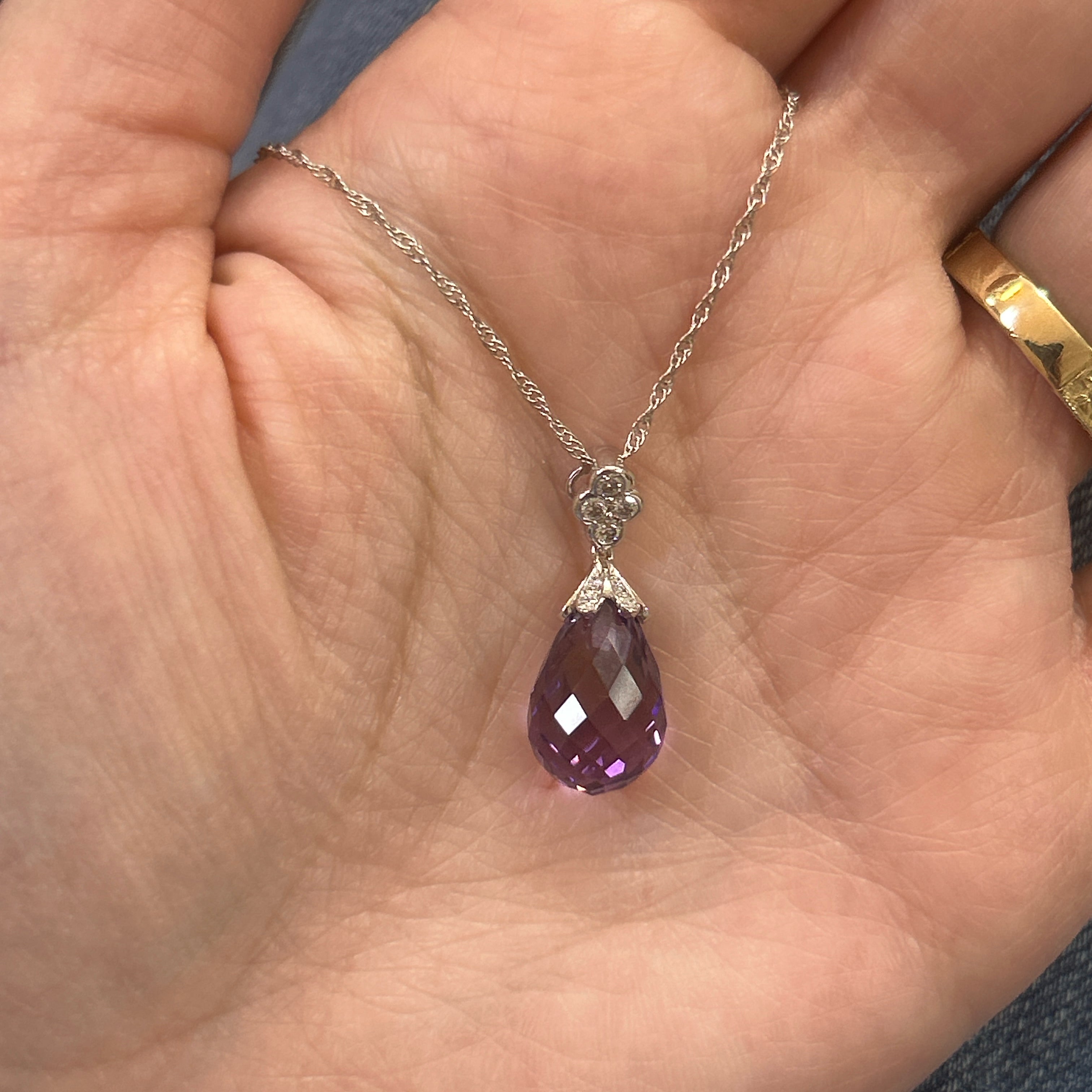 14K White Gold  6.91CT (1) Briolette Amethyst & 0.13 Carat Total Weight (13) Round Diamond Pendant