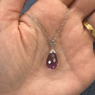14K White Gold  6.91CT (1) Briolette Amethyst & 0.13 Carat Total Weight (13) Round Diamond Pendant