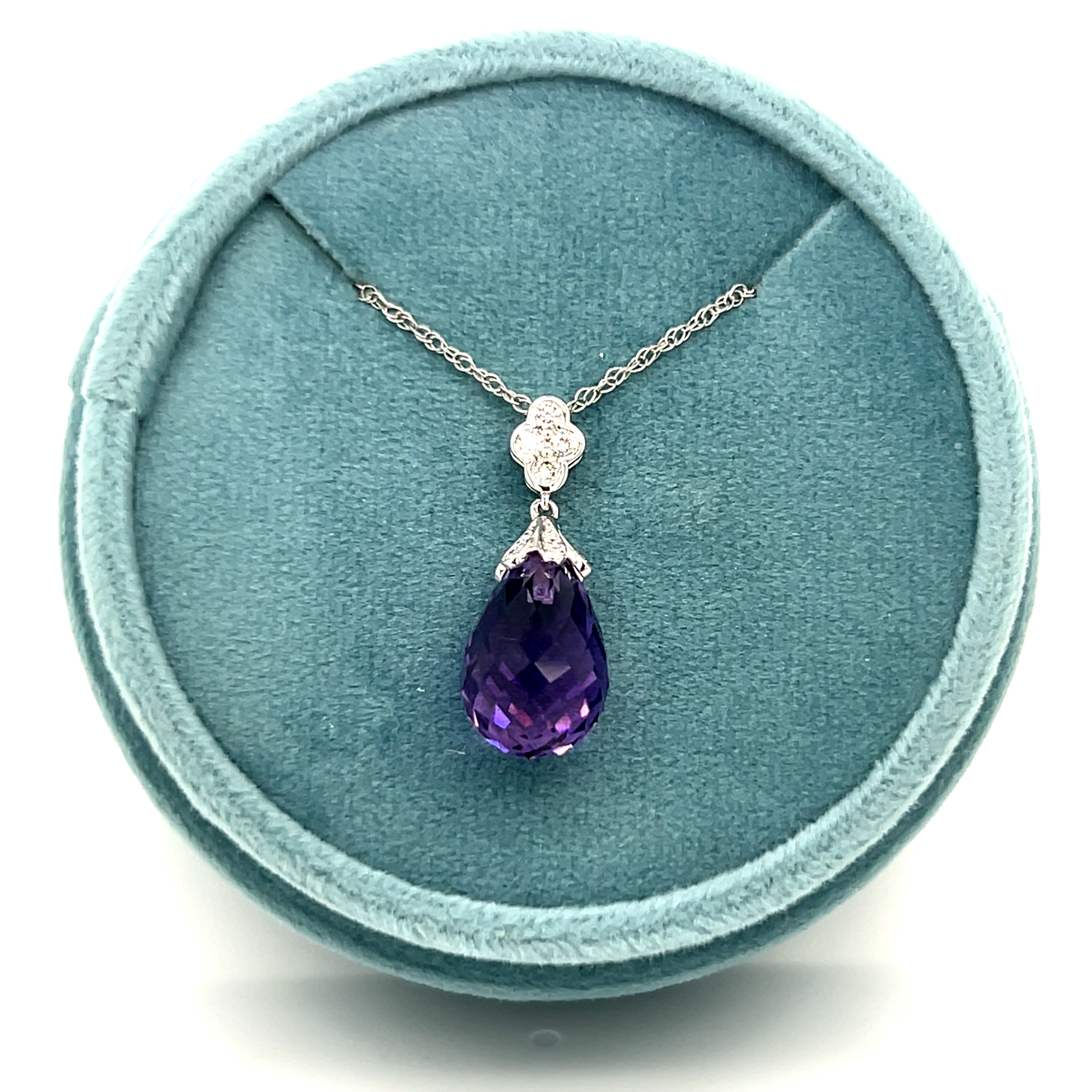 14K White Gold  6.91CT (1) Briolette Amethyst & 0.13 Carat Total Weight (13) Round Diamond Pendant