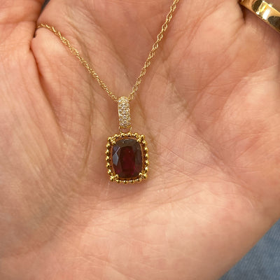 14K Yellow Gold 2.77CT (1) Cushion ROGR & 0.07 Carat Totala Weight (19) Round Diamond Pendant