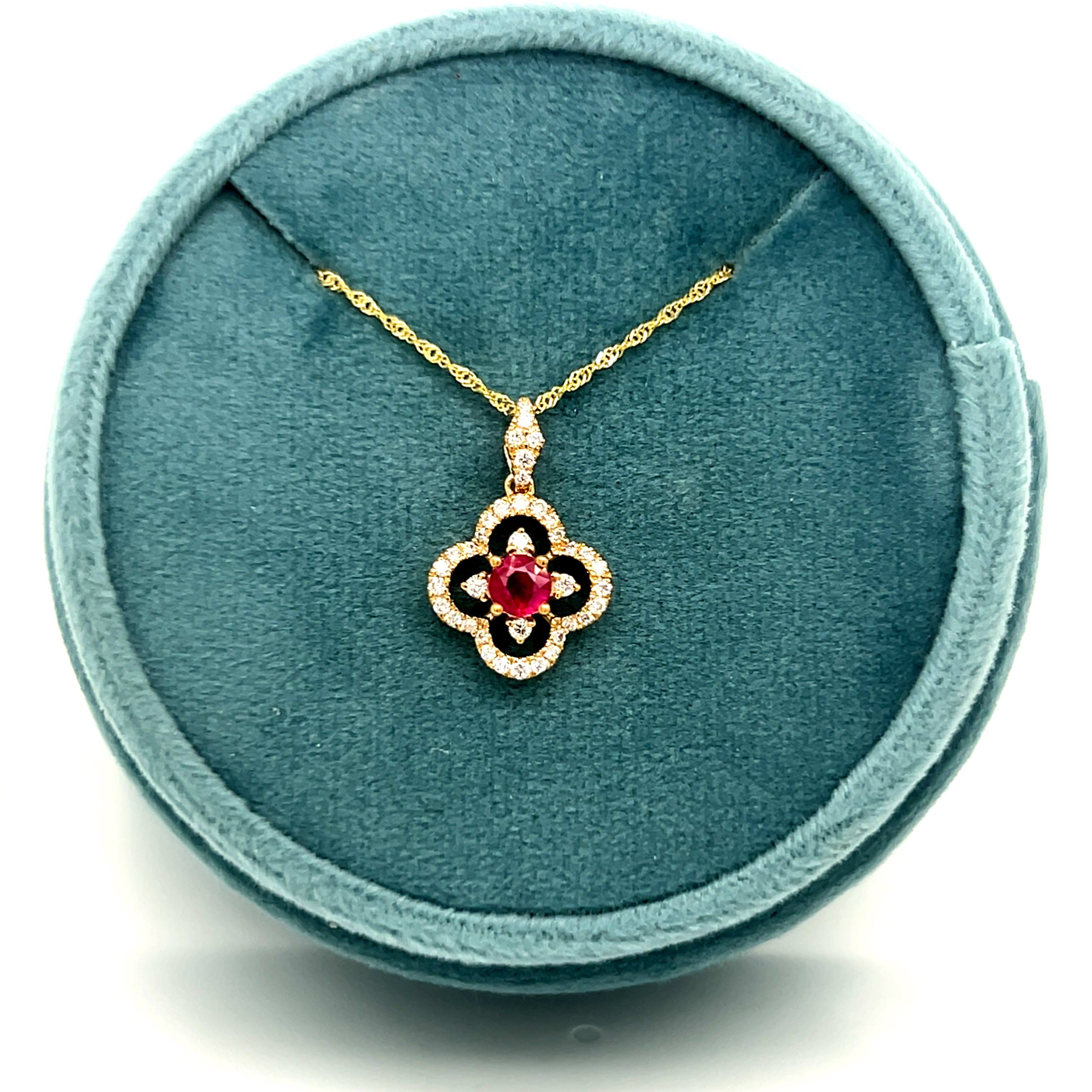 14K Yellow Gold 0.28CT (1) Round Ruby & 0.21 Carat Total Weight (38) ound Diamond Van Cleef-Style Pendant