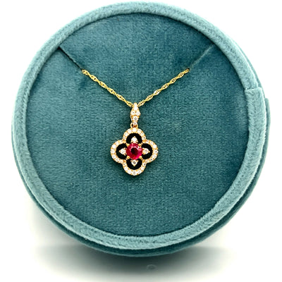 14K Yellow Gold 0.28CT (1) Round Ruby & 0.21 Carat Total Weight (38) ound Diamond Van Cleef-Style Pendant