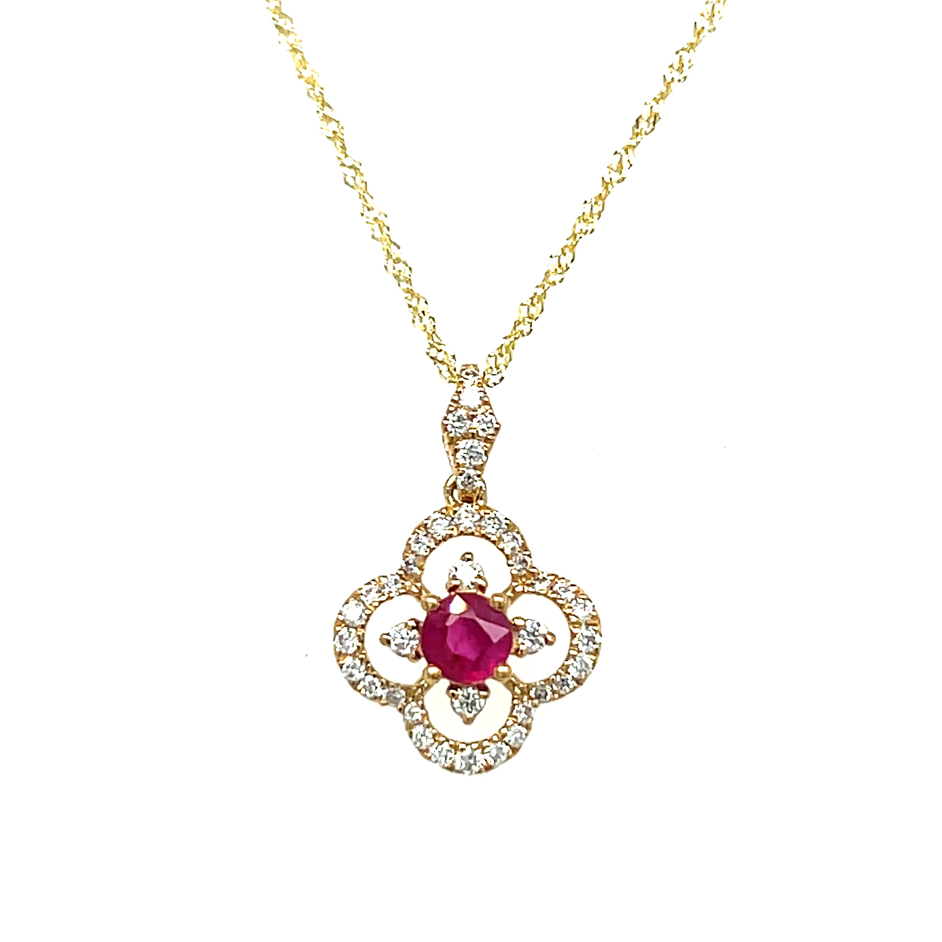 14K Yellow Gold 0.28CT (1) Round Ruby & 0.21 Carat Total Weight (38) ound Diamond Van Cleef-Style Pendant