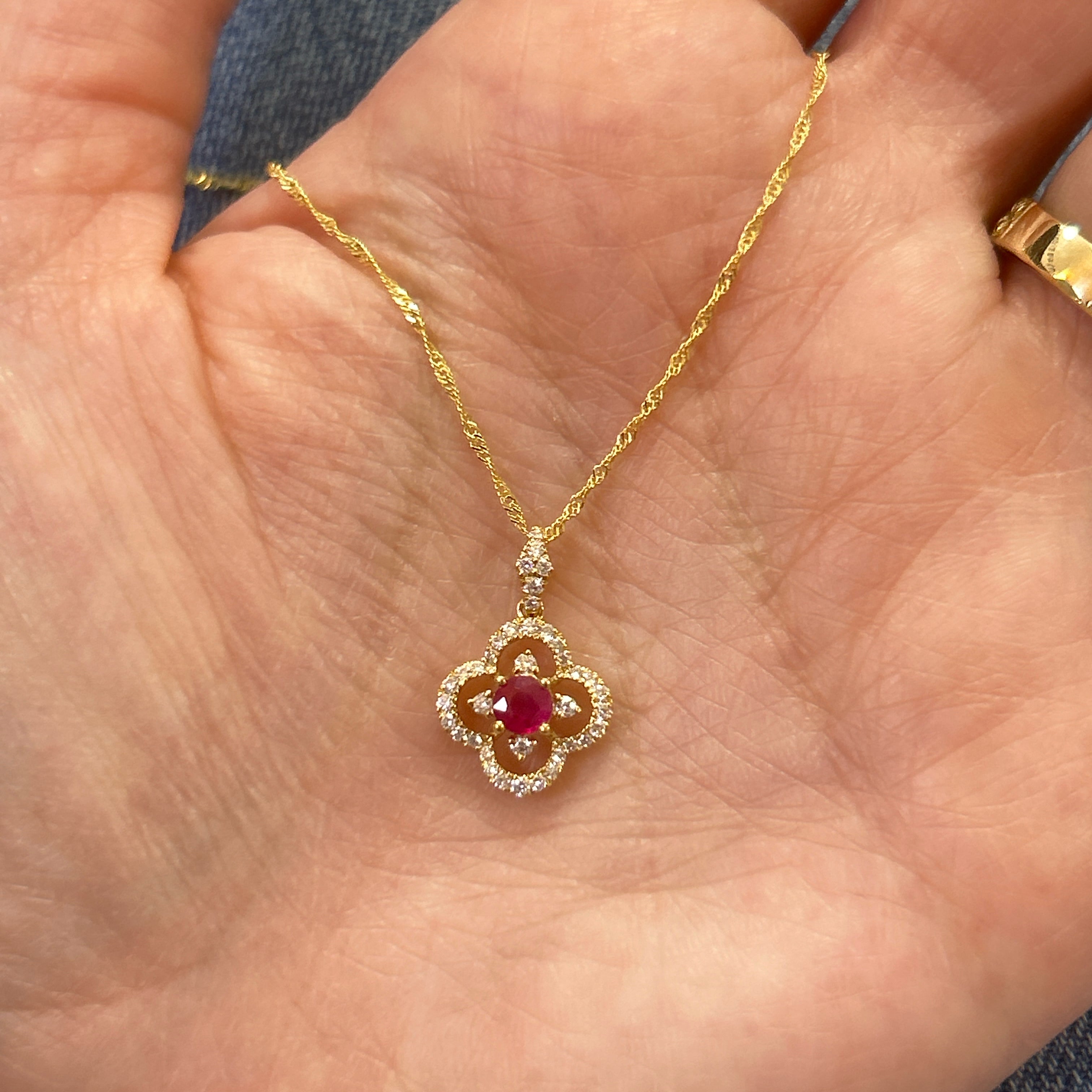 14K Yellow Gold 0.28CT (1) Round Ruby & 0.21 Carat Total Weight (38) ound Diamond Van Cleef-Style Pendant