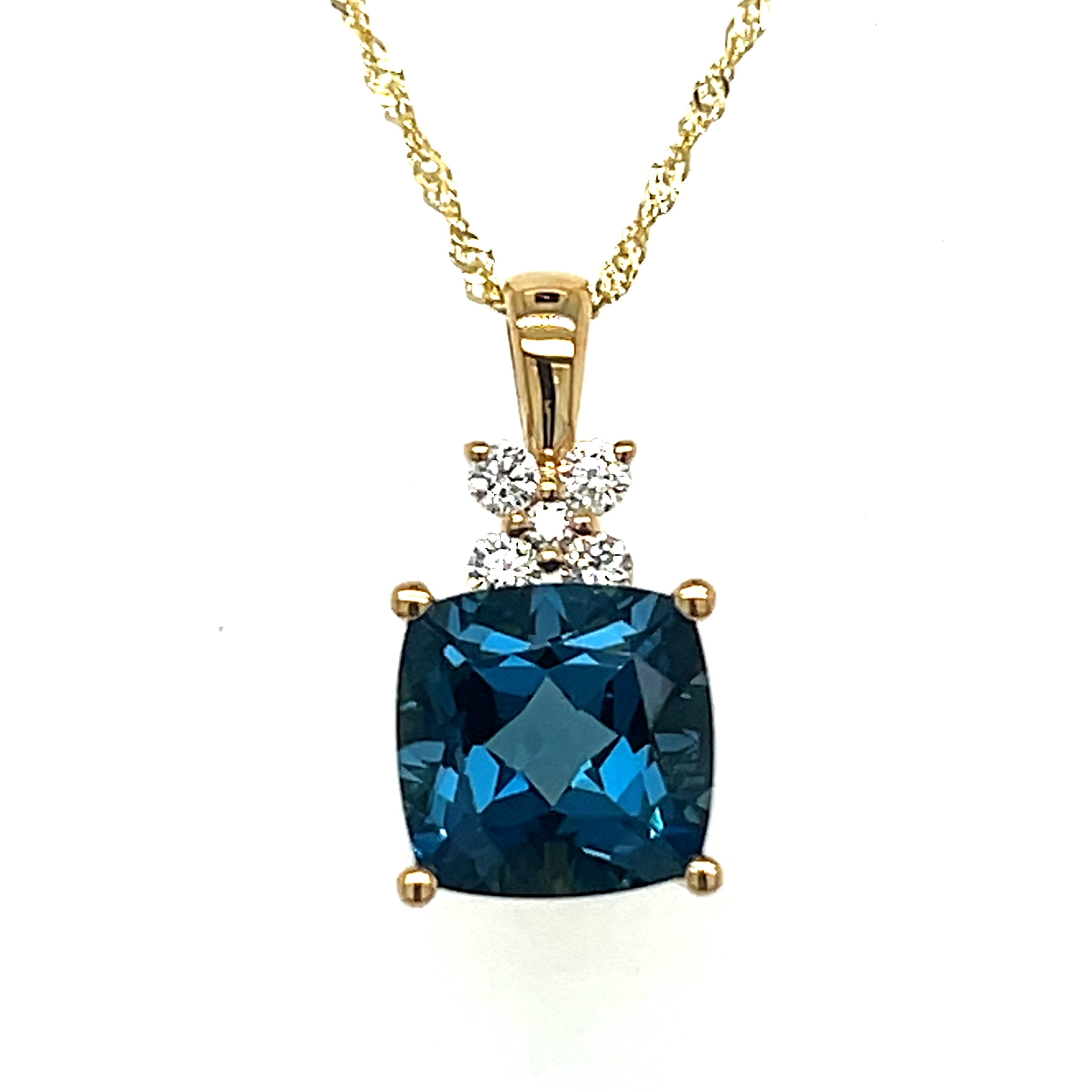 14K Yellow Gold 2.94CT (1) Cushion London Blue Topaz & 0.12 Carat Total Weight (4) Round Diamond Pendant