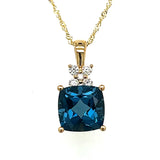 14K Yellow Gold 2.94CT (1) Cushion London Blue Topaz & 0.12 Carat Total Weight (4) Round Diamond Pendant
