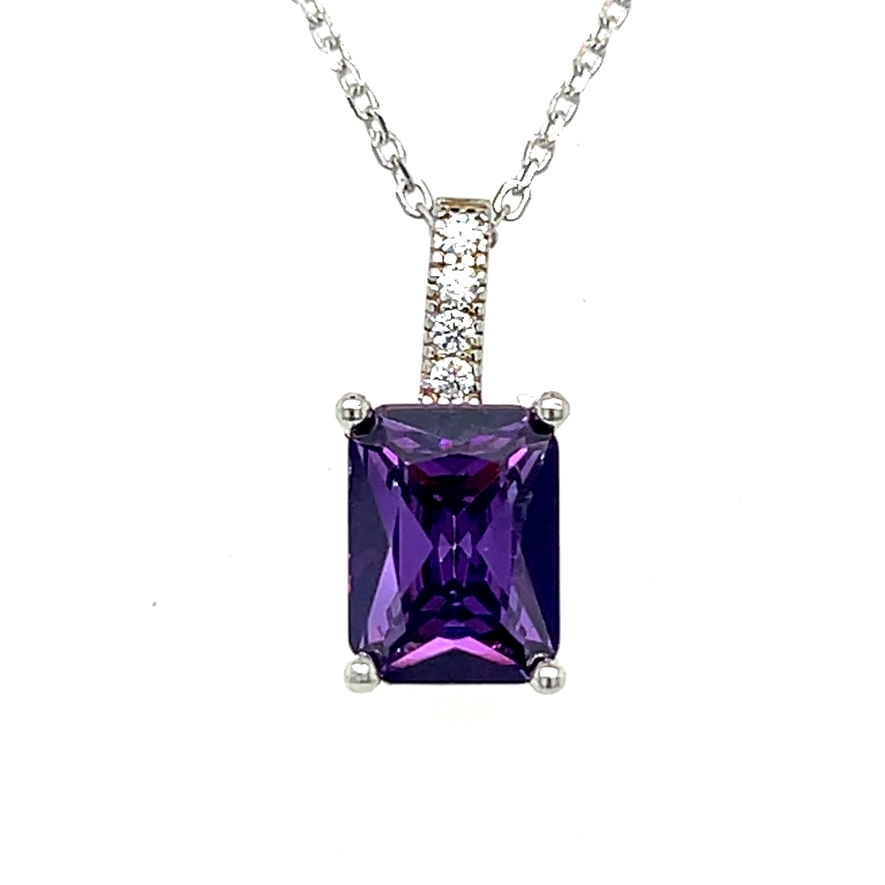 Sterling Silver Rodium Plated Emerald Cut Purple Cubic Zirconia Pendant