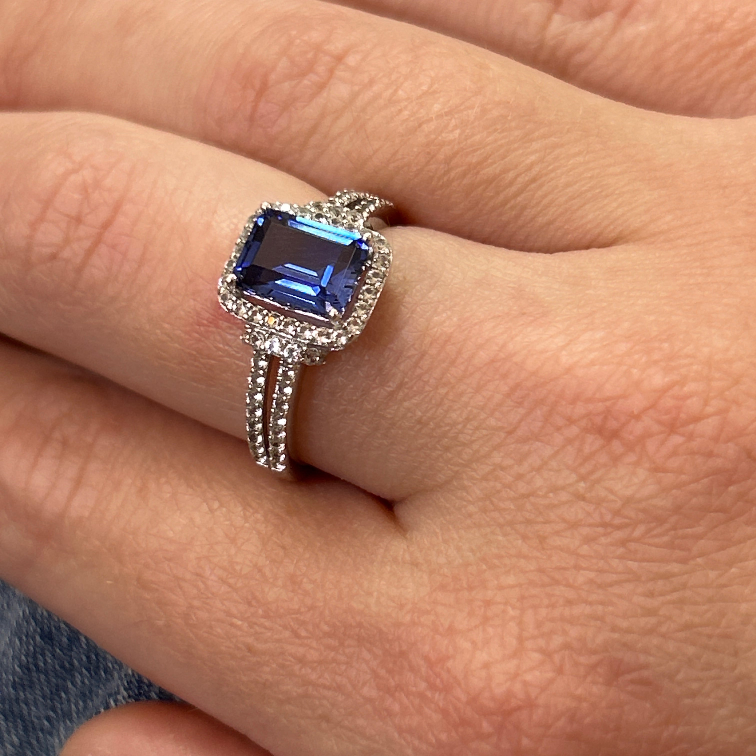 Sterling Silvert Created Blue Sapphire and Created White Sapphire Split Shank Ring