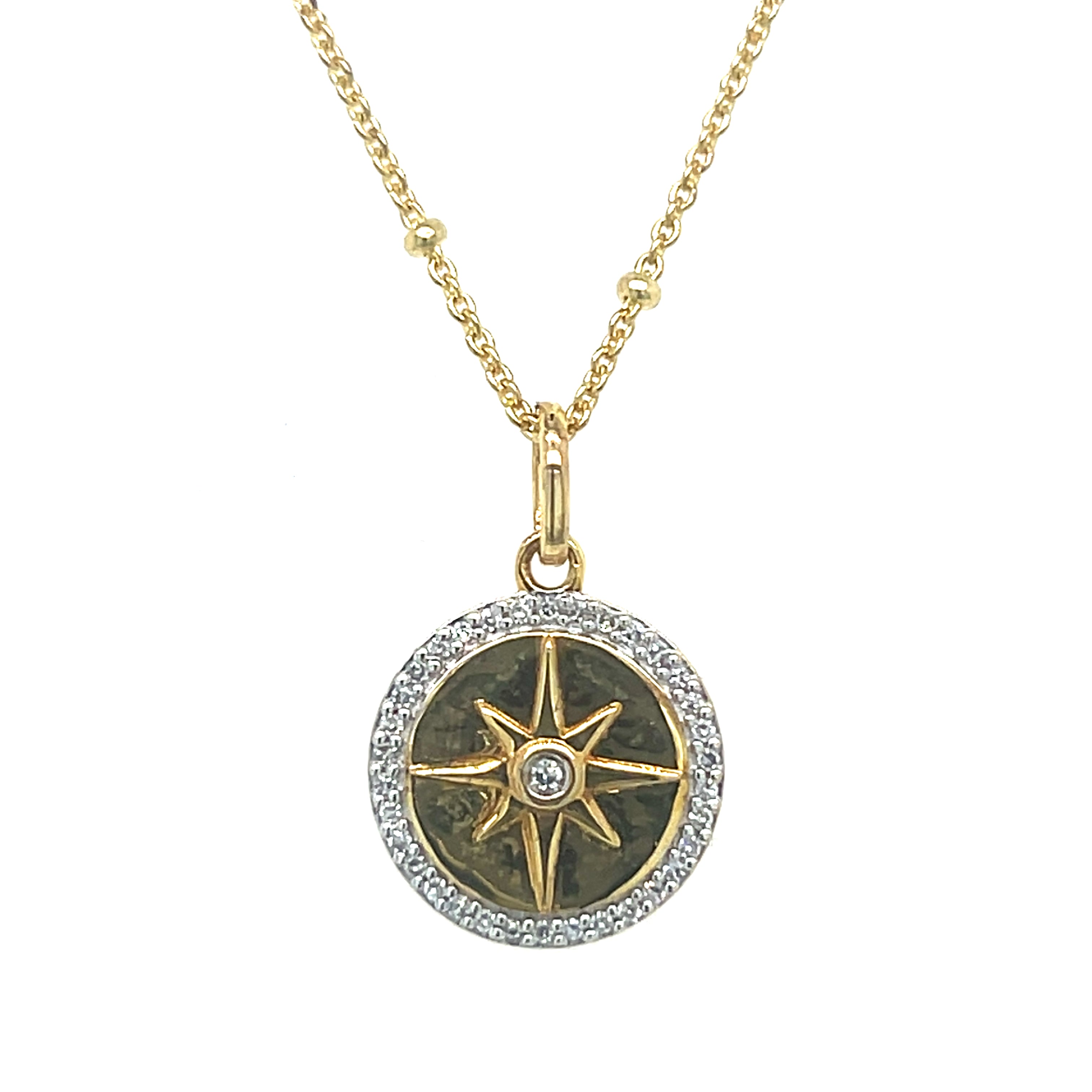 Sterling Silver Gold-Plated 0.1 Carat Total Weight Lab Grown Diamond Eight-Point Star Pendant on Beaded Station Chain