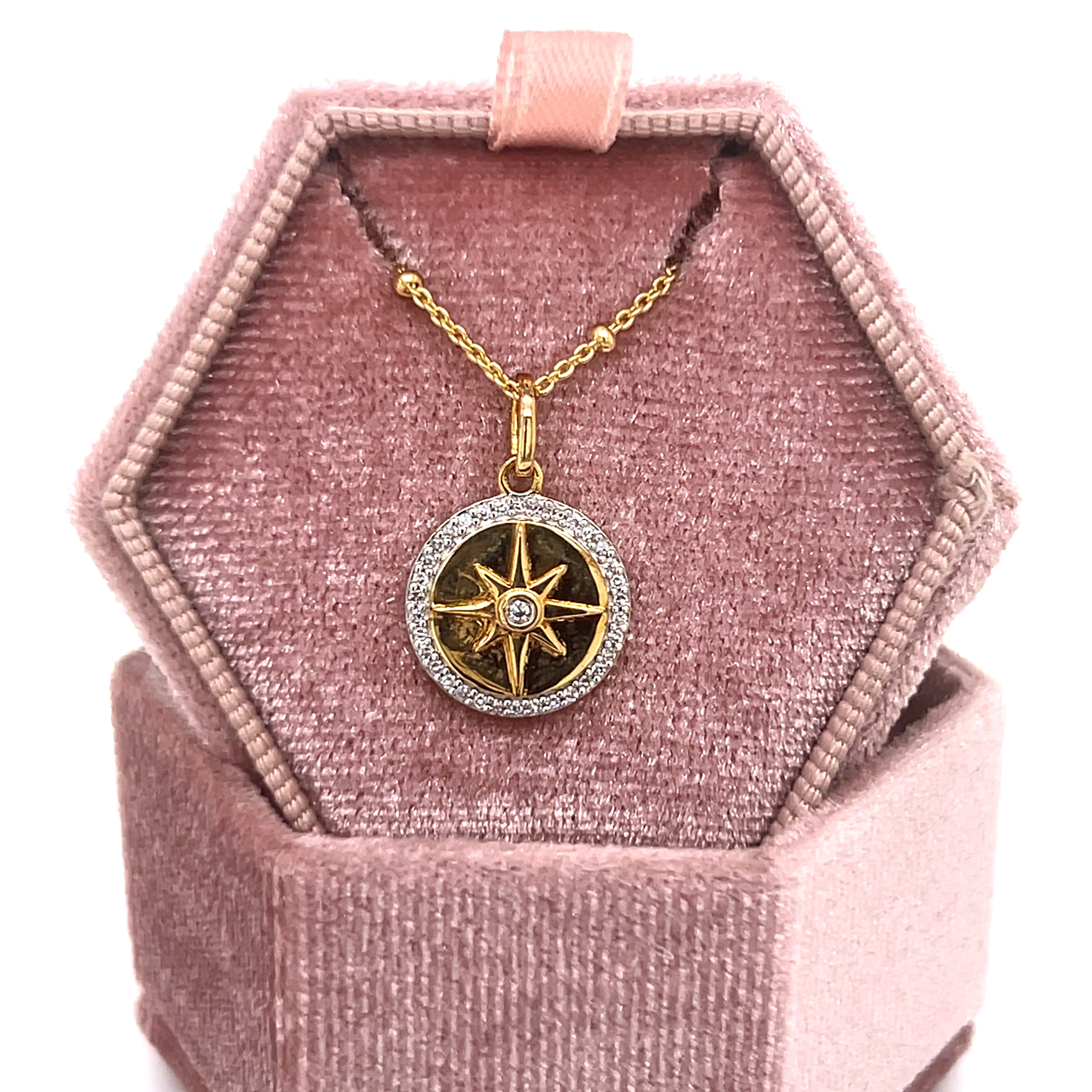 Sterling Silver Gold-Plated 0.1 Carat Total Weight Lab Grown Diamond Eight-Point Star Pendant on Beaded Station Chain