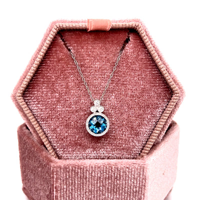 14K White Gold 0.90CT London Blue Topaz and 0.04 Carat Total Weight Diamond Pendant