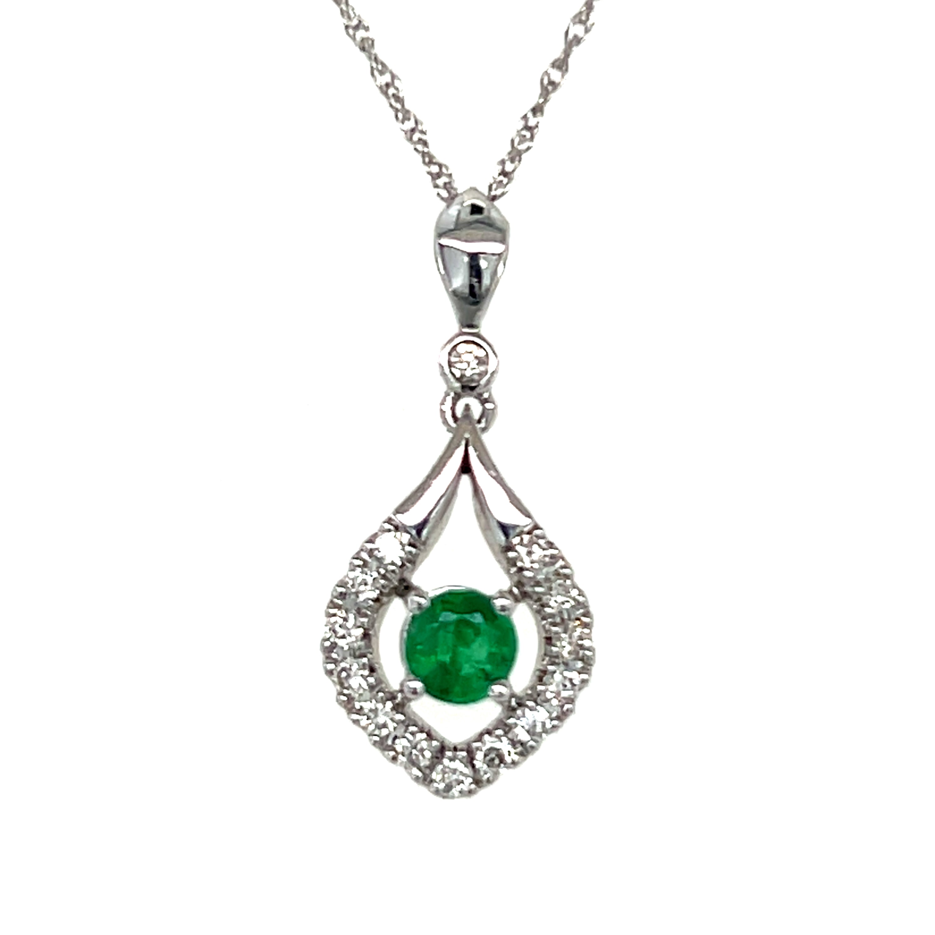 10K White Gold 0.18CT Emerald and 0.13 Carat Total Weight Diamond Pendant