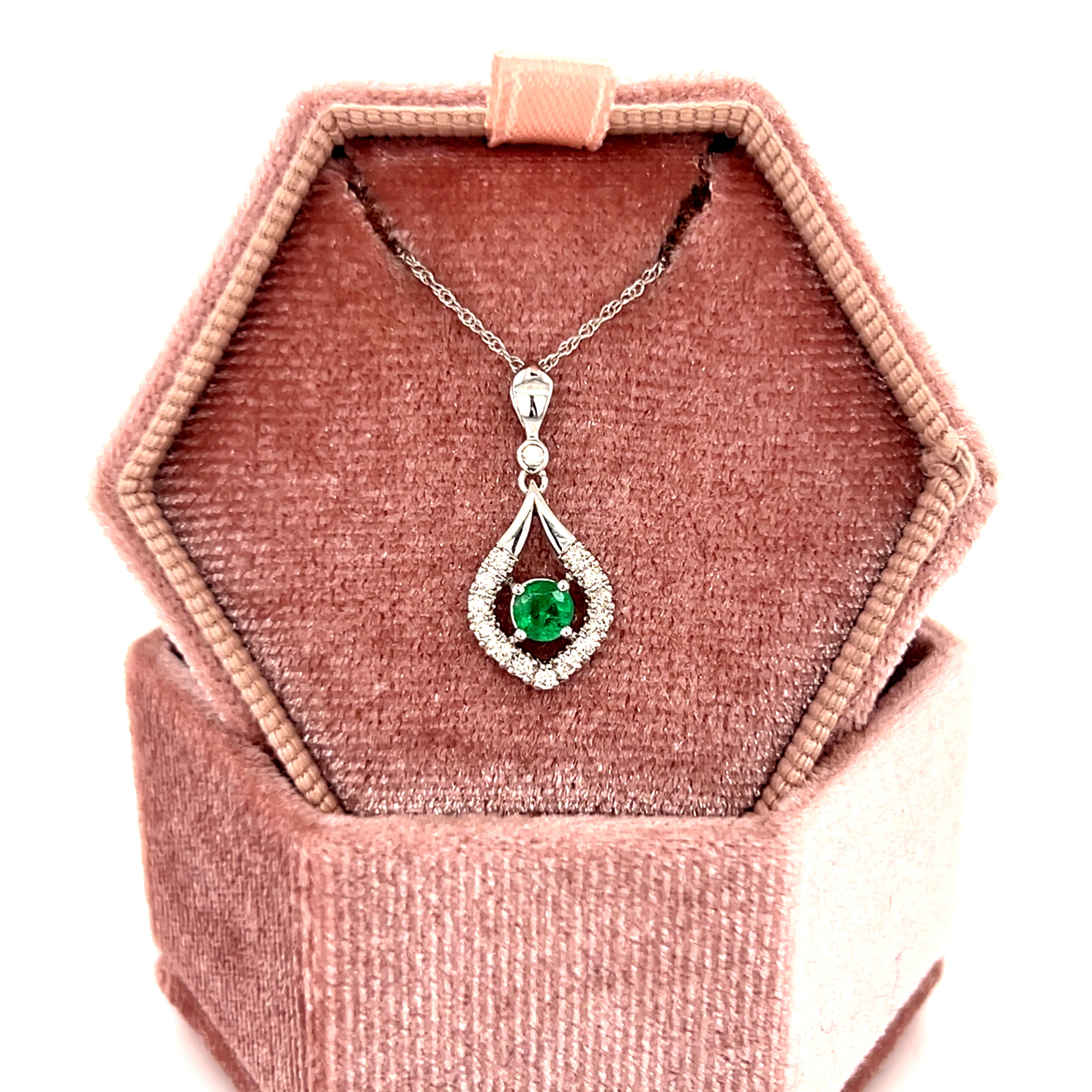 10K White Gold 0.18CT Emerald and 0.13 Carat Total Weight Diamond Pendant