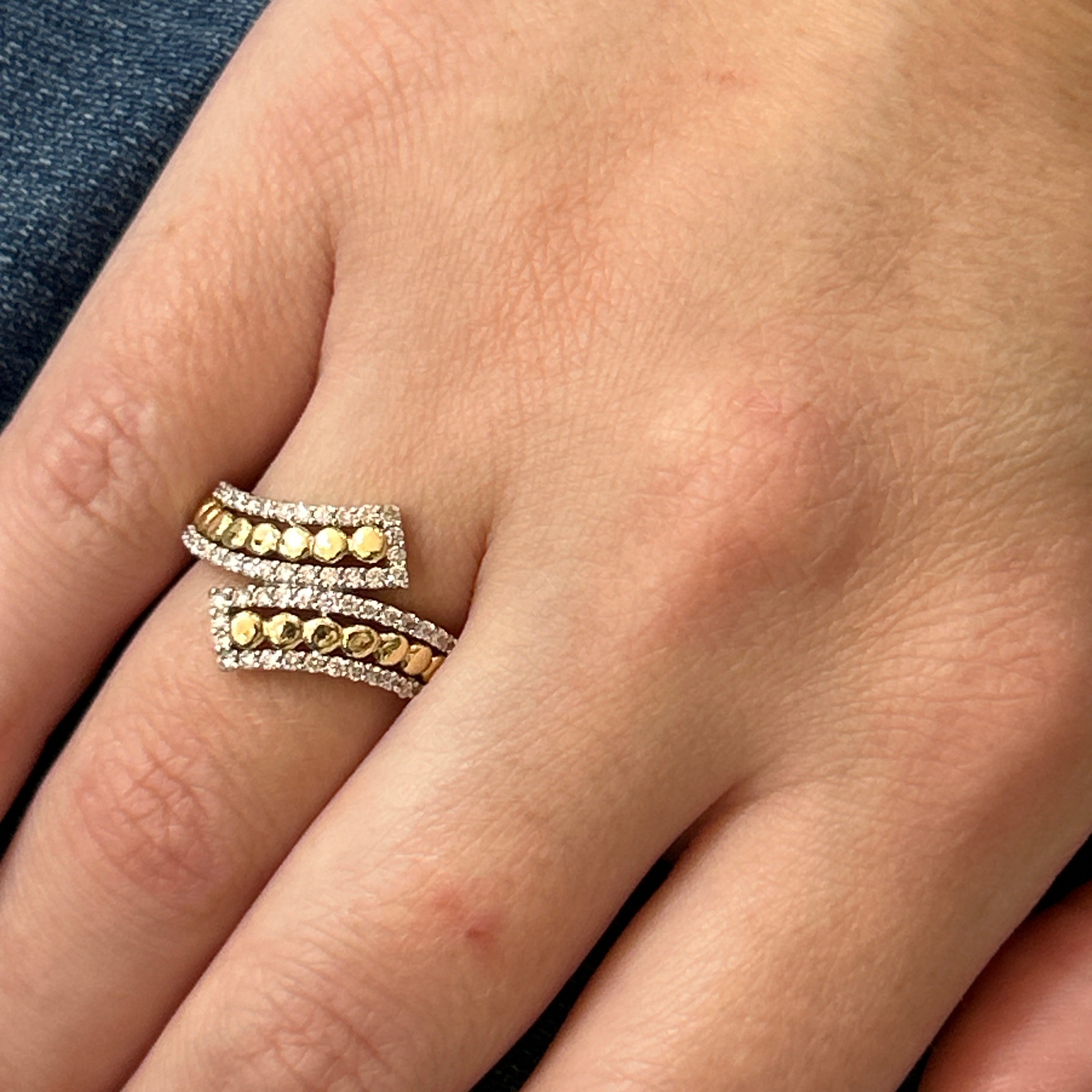 14K Yellow and White Gold 1/2 Carat Diamond Total Weight Beaded Bypass Fashion Ring