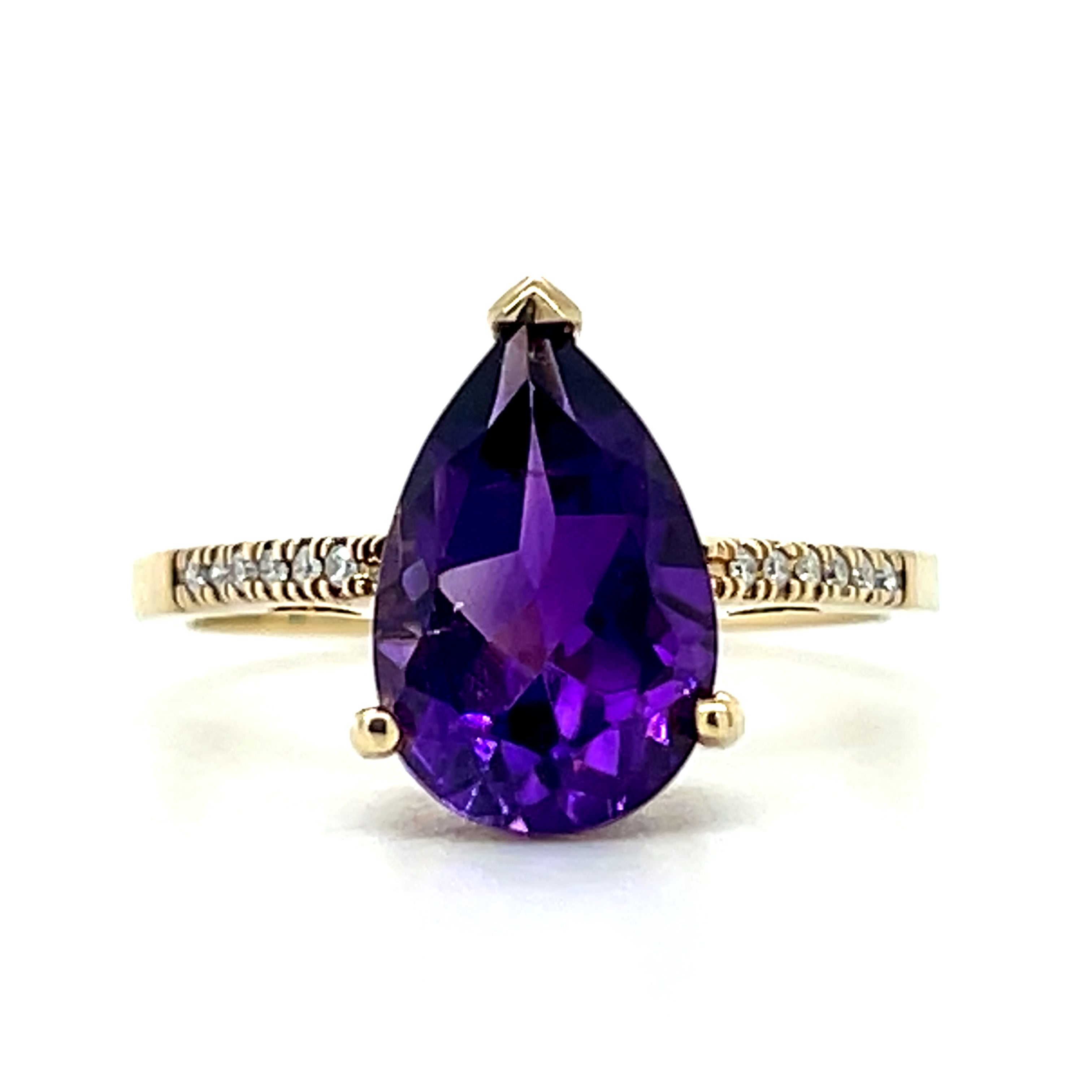 14K Yellow Gold Teardrop Amethyst Ring with Diamond Accents