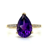 14K Yellow Gold Teardrop Amethyst Ring with Diamond Accents