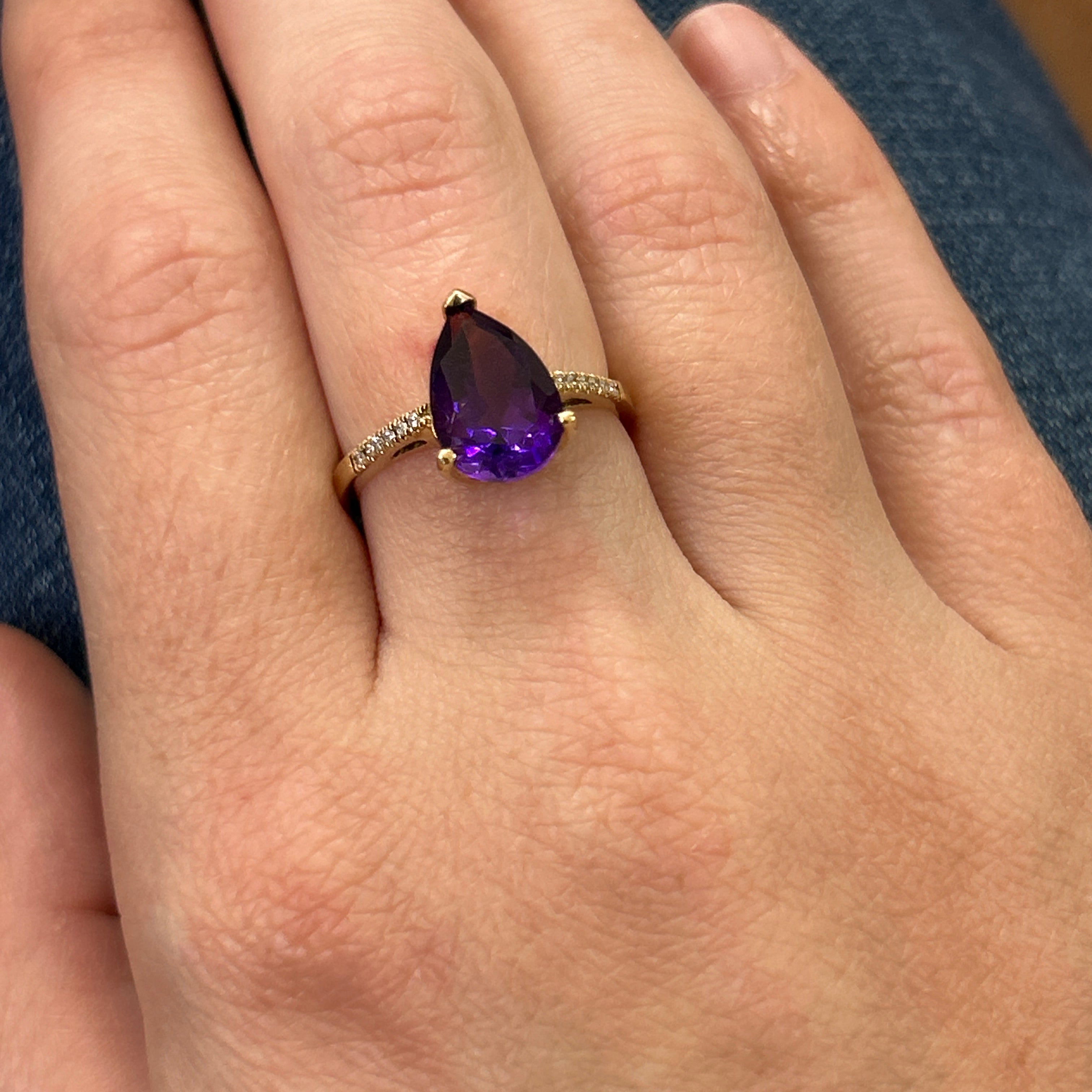 14K Yellow Gold Teardrop Amethyst Ring with Diamond Accents