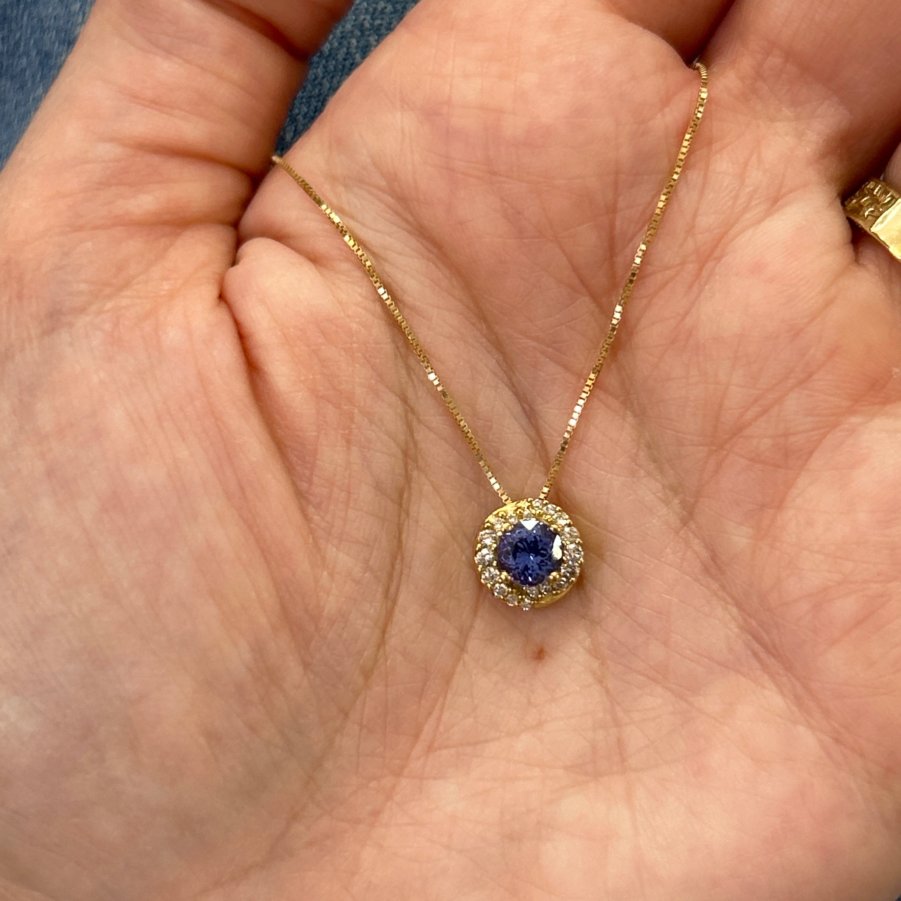 14K Yellow Gold Round Tanzanite Pendant with Diamond Accents