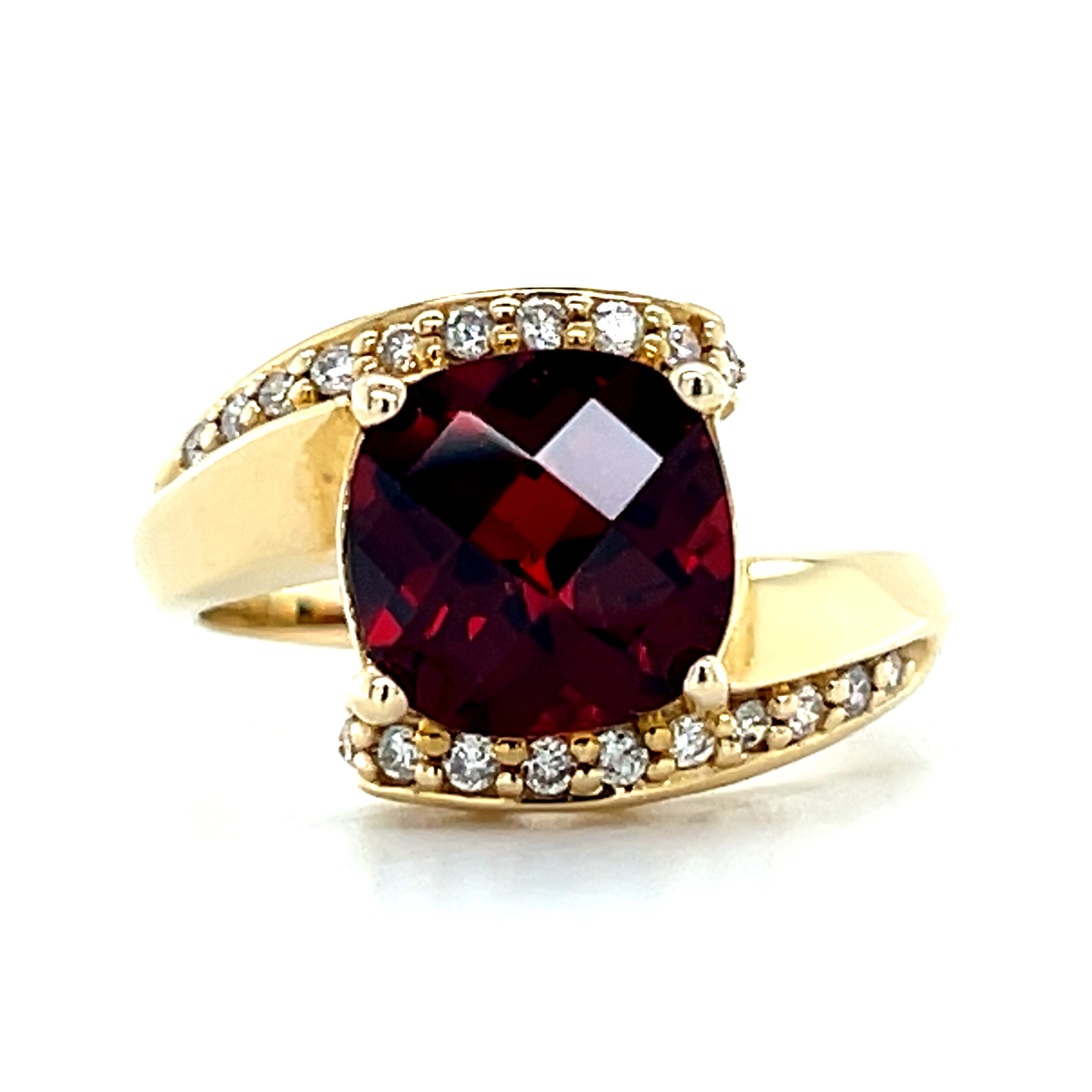 14K Yellow Gold Checkerboard Cushion Cut Garnet Bypass Ring with Diamond Accents
