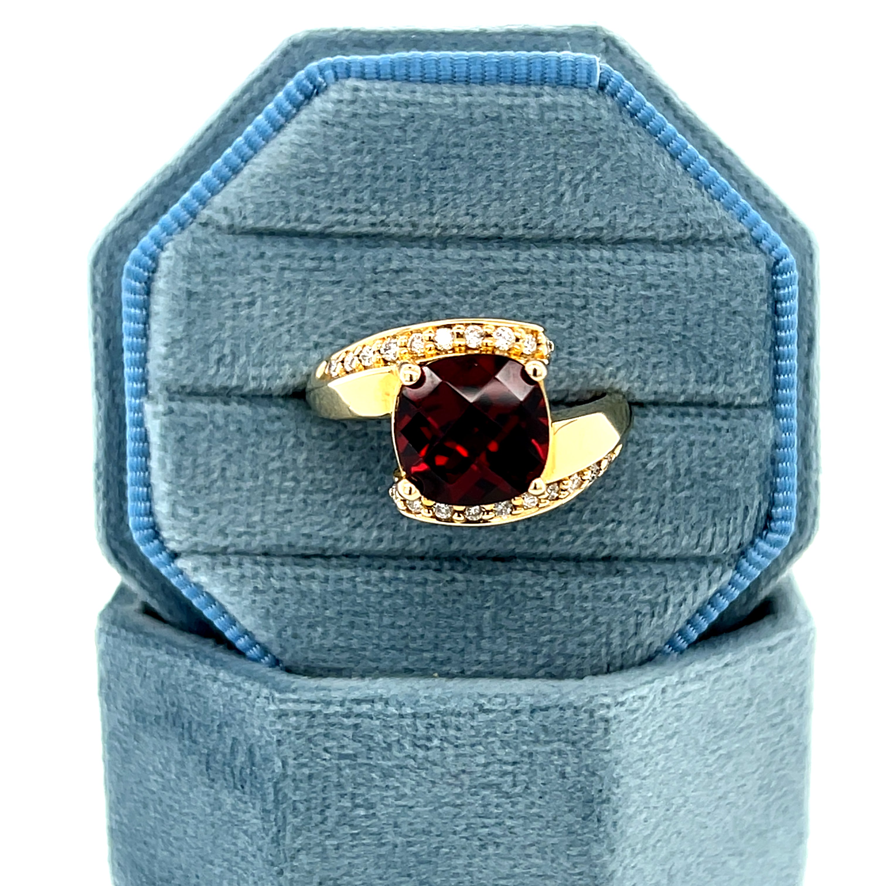 14K Yellow Gold Checkerboard Cushion Cut Garnet Bypass Ring with Diamond Accents