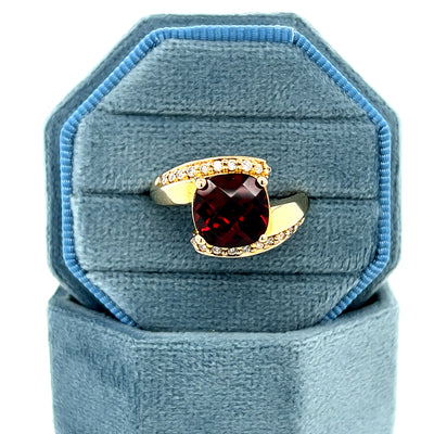 14K Yellow Gold Checkerboard Cushion Cut Garnet Bypass Ring with Diamond Accents