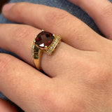 14K Yellow Gold Checkerboard Cushion Cut Garnet Bypass Ring with Diamond Accents
