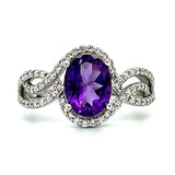 14K White Gold Oval Amethyst & Diamond Twist Design Ring