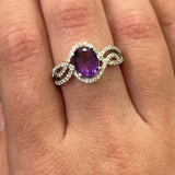 14K White Gold Oval Amethyst & Diamond Twist Design Ring